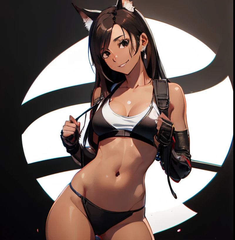 1girl, solo, tifa lockheart, tifa_lockheart \(final fantasy\), tifa_lockheart:1.2, animal ears, earrings, fox ears, hair between eye, (black eyes:1.3), european girl, (SFW:1.3), (small breast:1.4), (face portrait:1.3), tifa , tifa costume, black iris, smile, gamer, red background, color backgraund, (very black eyes:1.4), tall, slender, instagram model, (brown skin:1.4) ultra sharp