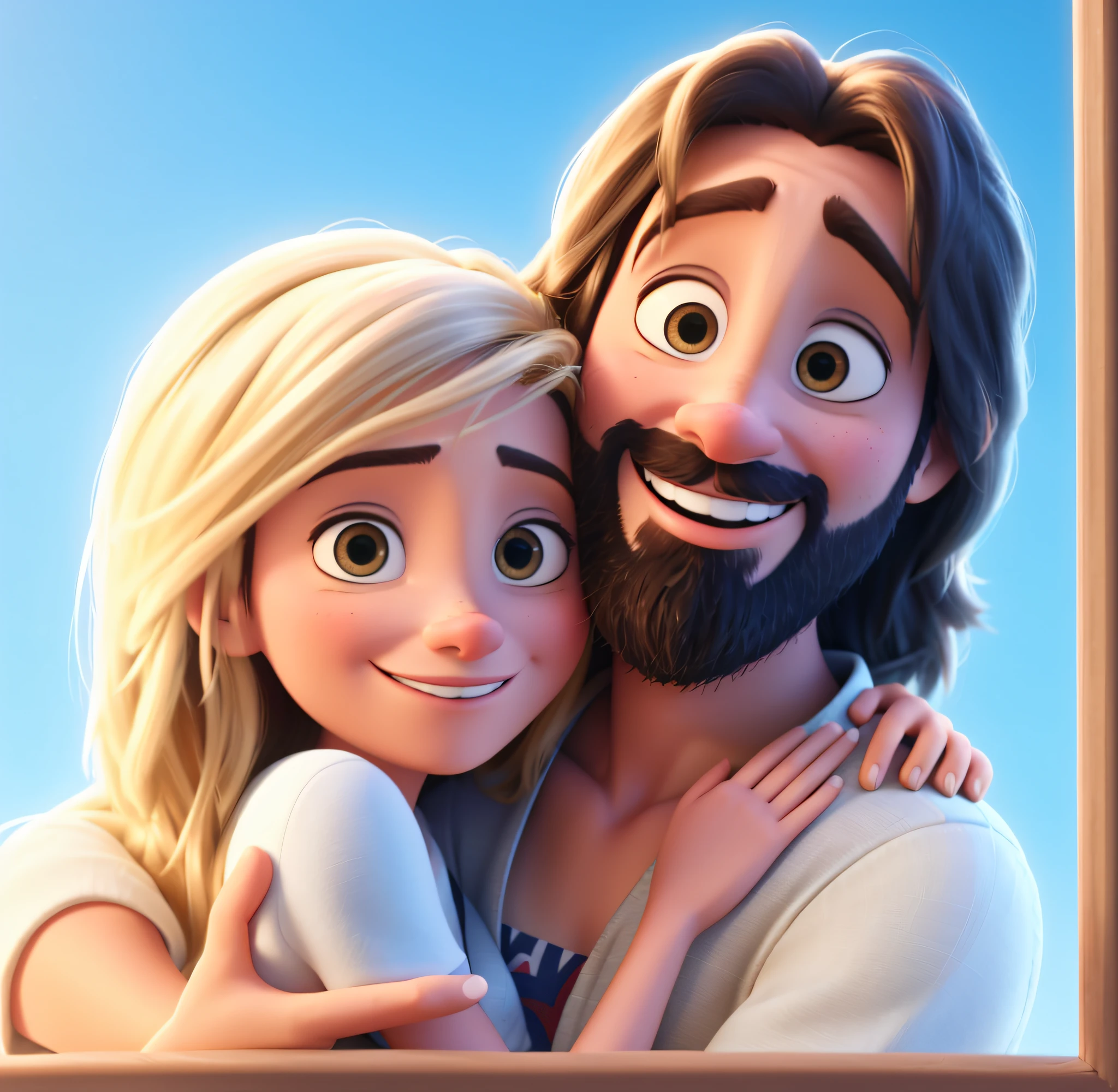 A close-up of a cartoon character hugging a woman, jesus hugging a woman, animated film, animation film, animation movie still, 3 d animated movie, No estilo de filme Croods, animation film, Nicodemos, children's animated films, animation movie still, Hug, Sony Pictures Animation, animation movie still, animado ainda, cena de filme animado