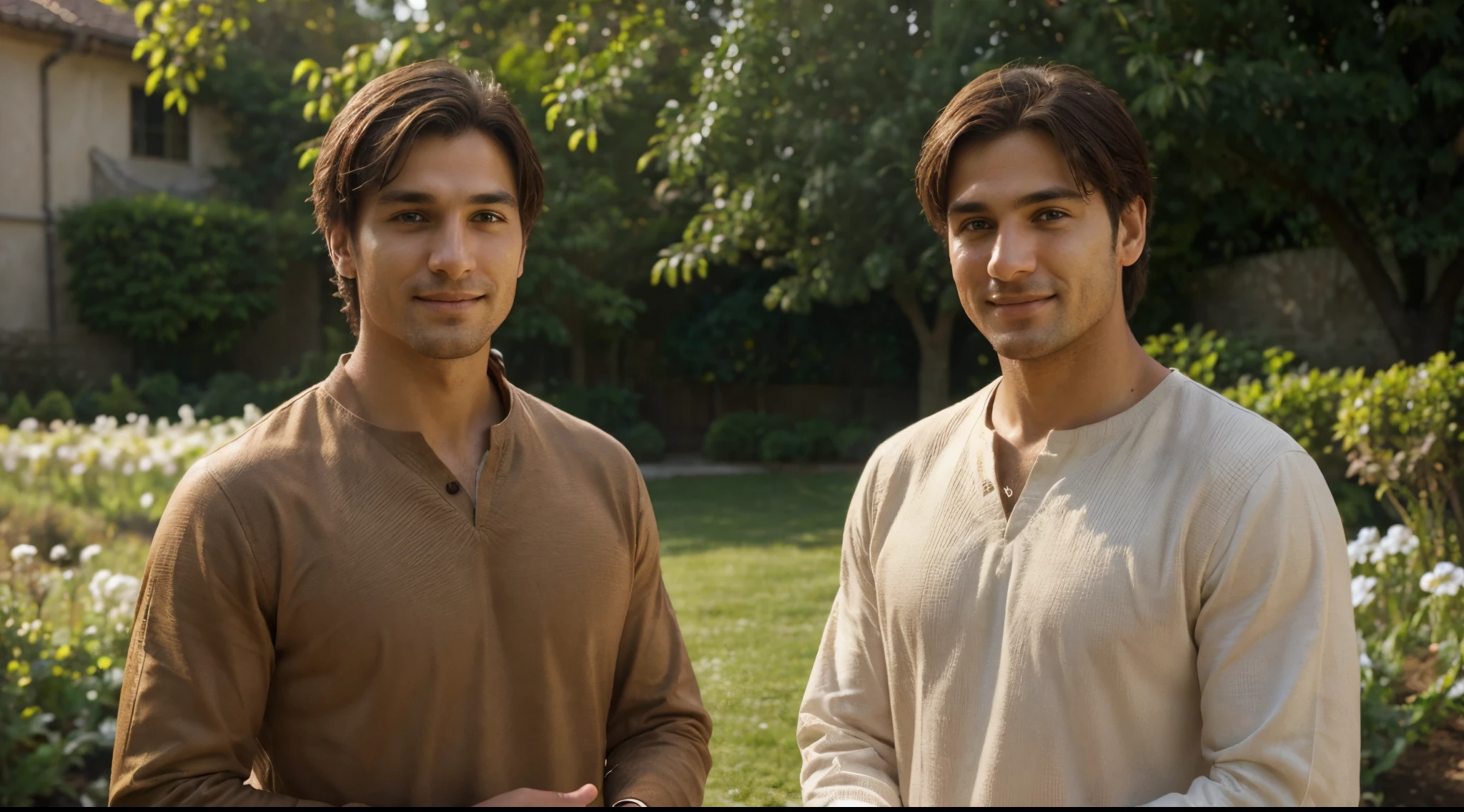 (best quality,ultra-detailed,realistic:1.37),a man in a brown tunic,kind eyes,gentle smile,helping a stranger,peaceful garden background,warm sunlight,vivid colors,soft lighting,portrait.