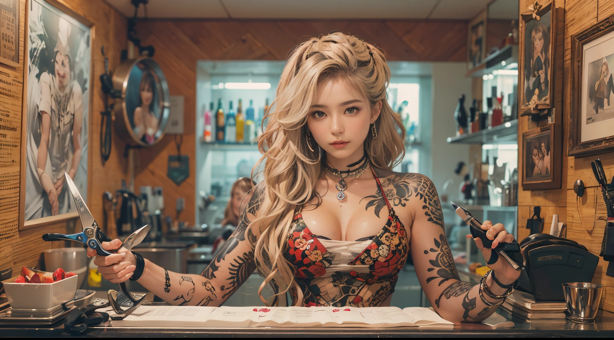 nsfw, A charismatic female hairstylist, muscular with many tattoos, working in a luxurious salon. She has a deep tan, typical of a gyaru style, and is intensely focusing on her work while holding scissors. The image should include detailed depictions of the salon environment, hairstyling tools, and accessories. The stylist's expression is serious and dedicated, capturing her commitment to her craft. The full body of the stylist should be shown in the image.