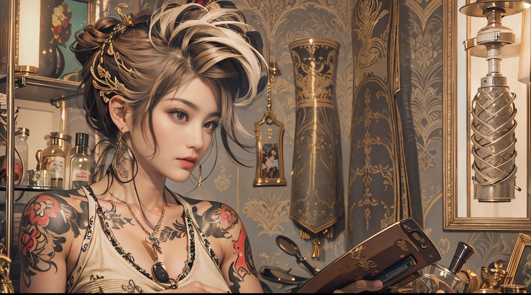 nsfw, A charismatic female hairstylist, muscular with many tattoos, working in a luxurious salon. She has a deep tan, typical of a gyaru style, and is intensely focusing on her work while holding scissors. The image should include detailed depictions of the salon environment, hairstyling tools, and accessories. The stylist's expression is serious and dedicated, capturing her commitment to her craft. The full body of the stylist should be shown in the image.
