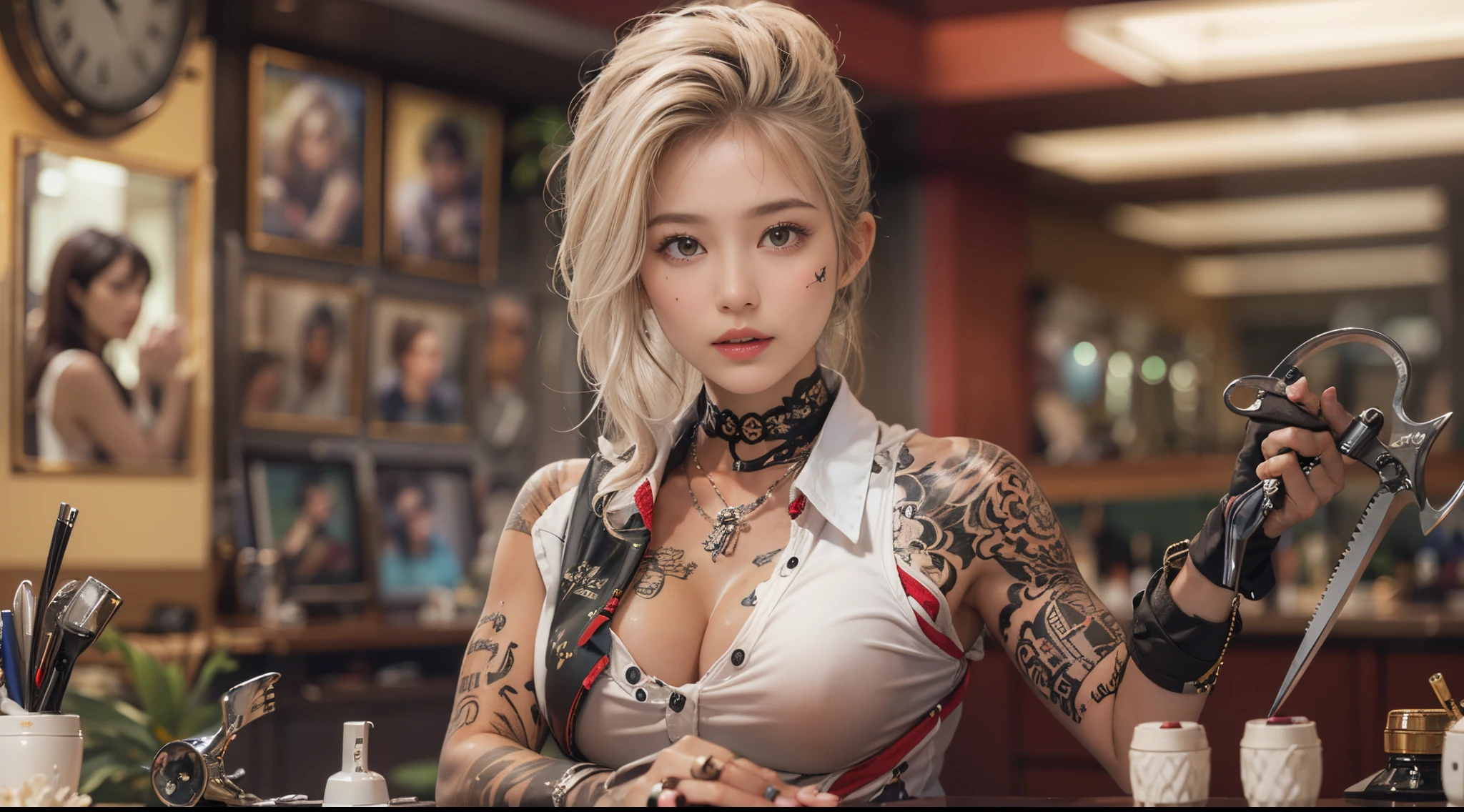 nsfw, A charismatic female hairstylist, muscular with many tattoos, working in a luxurious salon. She has a deep tan, typical of a gyaru style, and is intensely focusing on her work while holding scissors. The image should include detailed depictions of the salon environment, hairstyling tools, and accessories. The stylist's expression is serious and dedicated, capturing her commitment to her craft. The full body of the stylist should be shown in the image.