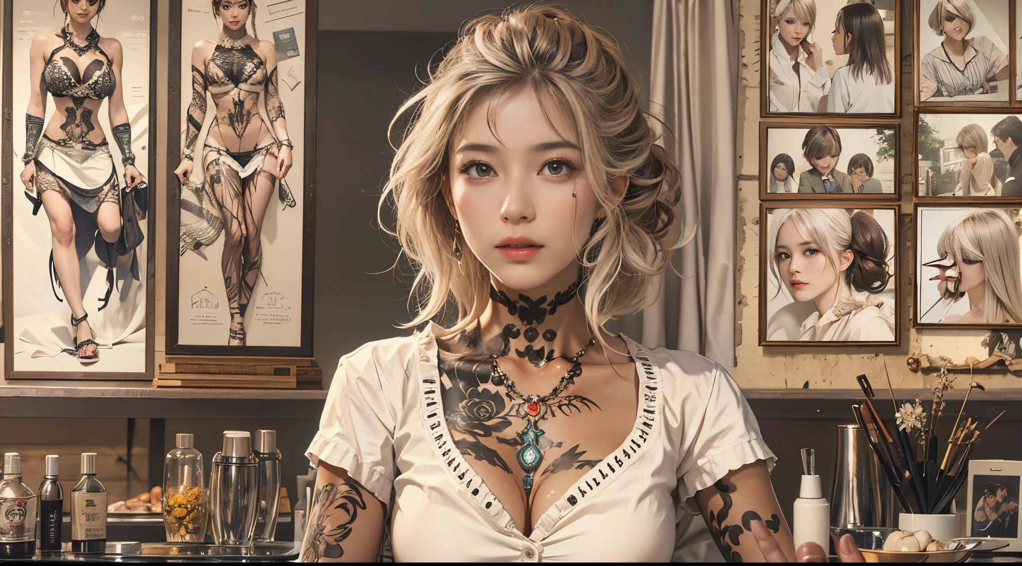 nsfw, A charismatic female hairstylist, muscular with many tattoos, working in a luxurious salon. She has a deep tan, typical of a gyaru style, and is intensely focusing on her work while holding scissors. The image should include detailed depictions of the salon environment, hairstyling tools, and accessories. The stylist's expression is serious and dedicated, capturing her commitment to her craft. The full body of the stylist should be shown in the image.