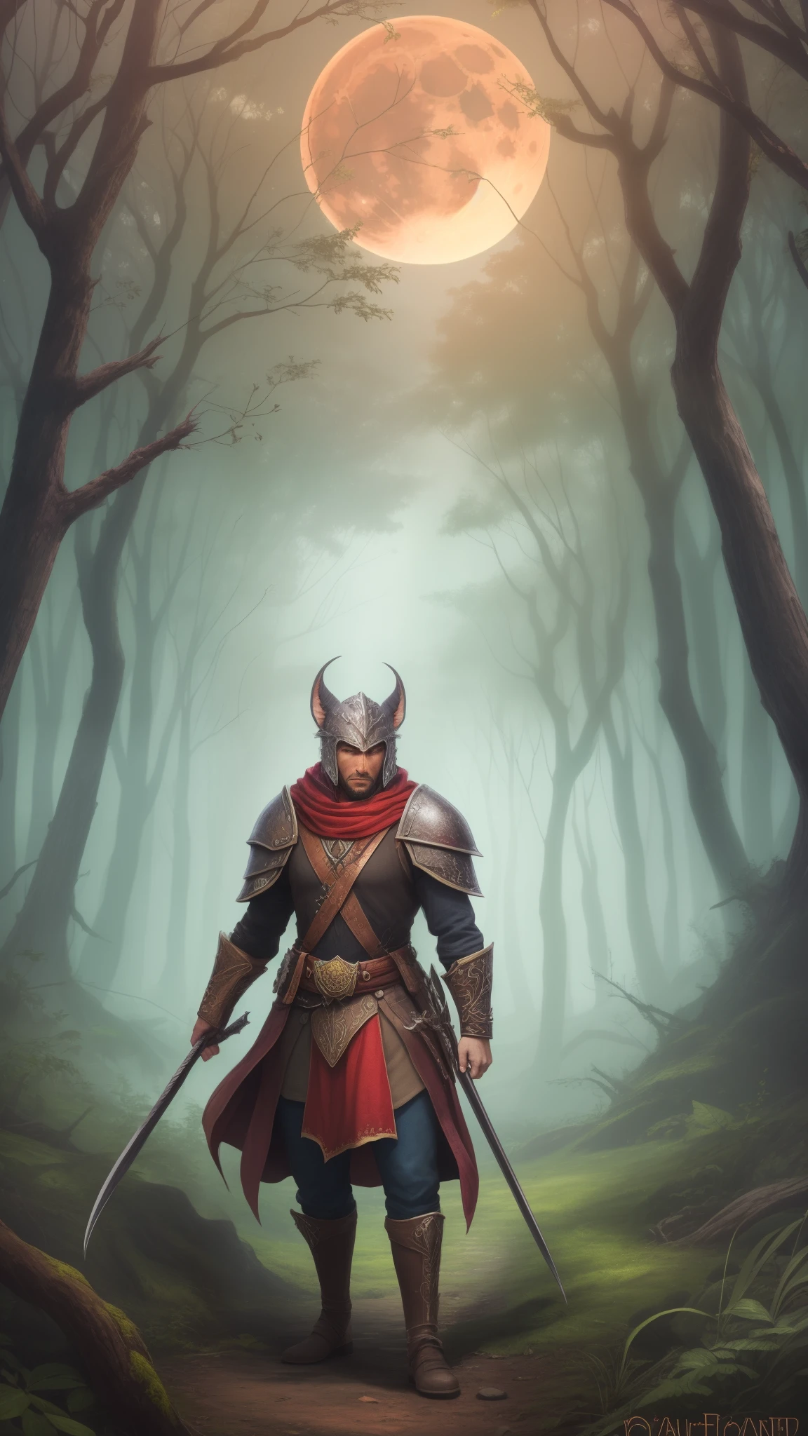 face look of a fantasy warrior talking in a red moon forest --auto --s2