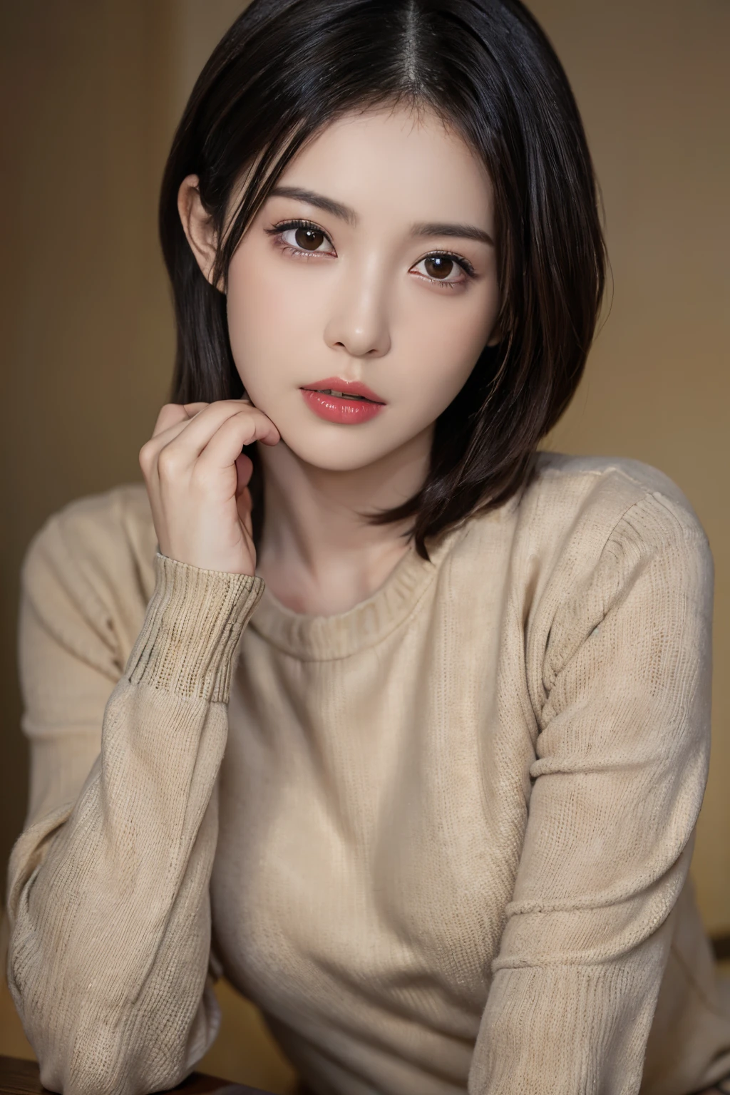 masuter piece, in 8K, Photorealsitic, Raw photography, top-quality, (1girl in), 美丽的面容, (Lifelike face), (A dark-haired), (short-hair, Beautiful hairstyle, Realistic eyes, A detailed eye, (real looking skin), Beautiful skins, (gold sweater), enticing, 超A high resolution, A hyper-realistic, high-detail, the golden ratio,