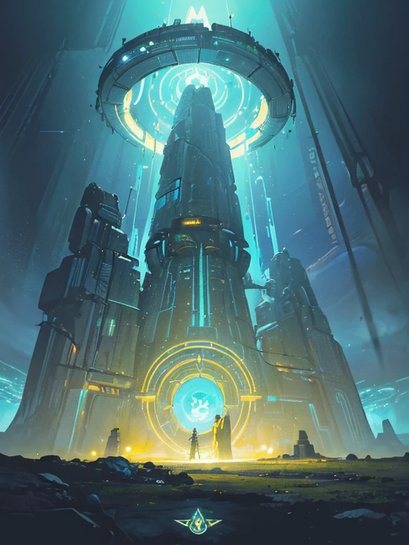 (((softly drawn 2D illustration))) by Simon Stalenhag and Syd Mead featuring Chris Foss' iconic (((sci-fi design))) elements blending together, showcasing a (((stargate/portal))), ((in centre front view)), nestled between two monolithic moai statues, located in a fern valley, with bold outlines and neoncore aesthetics bringing the scene to life