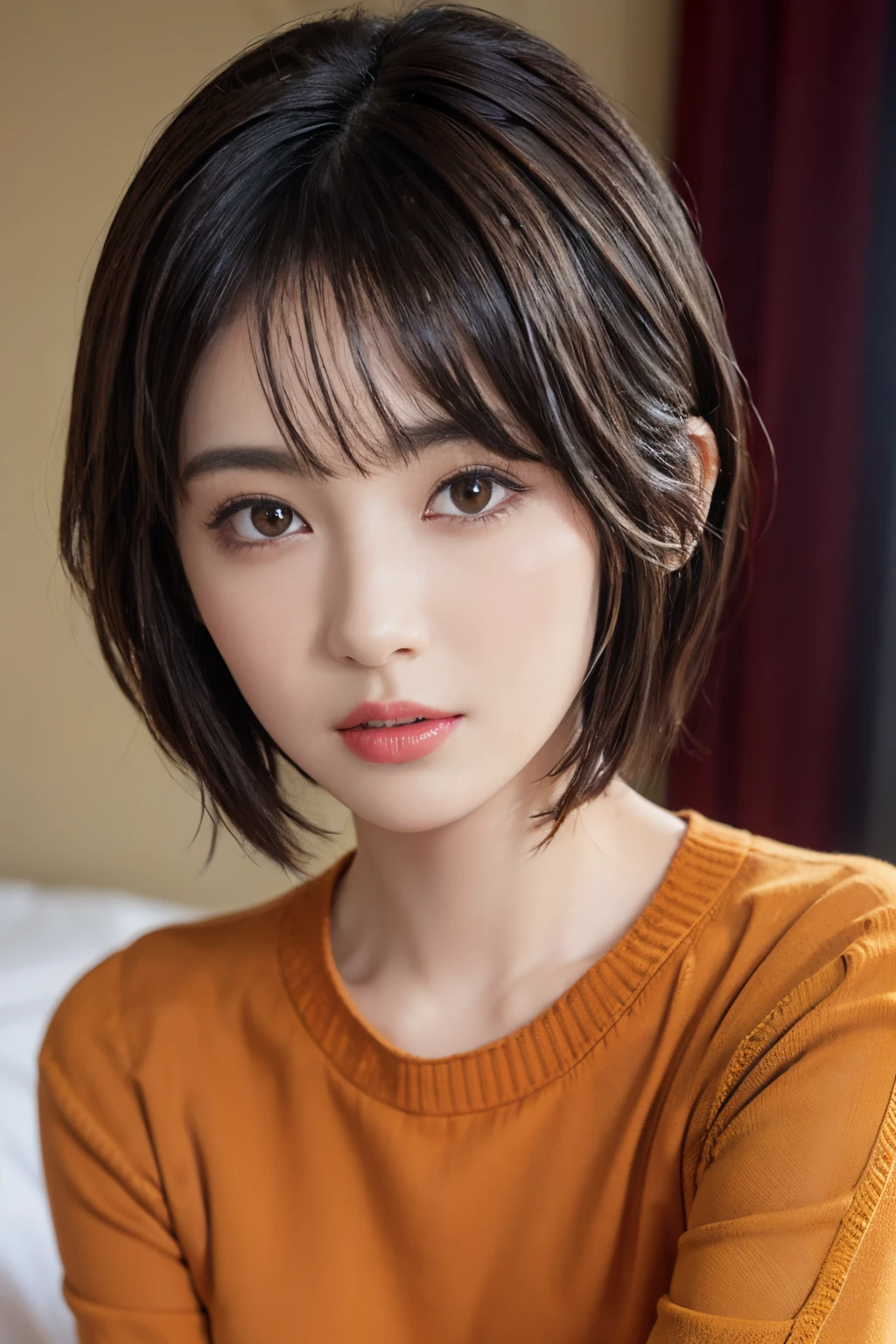 masuter piece, in 8K, Photorealsitic, Raw photography, top-quality, (1girl in), 美丽的面容, (Lifelike face), (A dark-haired), (short-hair, Beautiful hairstyle, Realistic eyes, A detailed eye, (real looking skin), Beautiful skins, (orange sweater), enticing, 超A high resolution, A hyper-realistic, high-detail, the golden ratio,