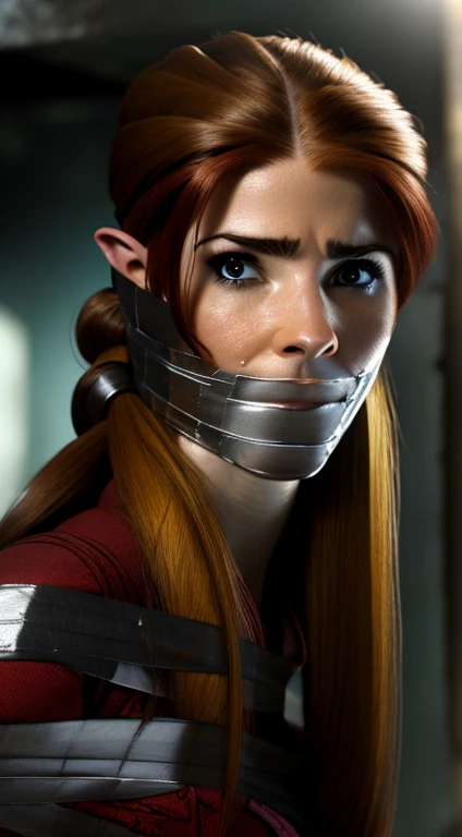 extremely detailed 8k wallpaper, Ultrarealistic, highres, masterpiece, ultra-detailed, high resolution, smooth, video game cut scene, close up, various angles, 1 young female elf warrior with a very detailed long hair, ((intricate hairstyle:1.3)), half up half down pony tail, (((ginger hair))), pale skin, wearing ripped leather armor, damaged armor, a short sword her weapon, detailed face, focus on face, photo realistic, character, video game cut scene, smooth, detailed face, perfect skin, beautiful, Insanely detailed, close up, taped mouth, ((tape gag: 1.3)), gag, ((gagged)), arms bound behind back, elbows taped, wrists taped, desperate struggle, thrashing, arched back, chair tied, (tie up tape: 1.2), roped to chair, frightened, pleading eyes, stalker, kidnapped, true crime, dirty basement, tense atmosphere, peril, impending , close up, panicking, 8k tied, frightened, pleading eyes, stalker, kidnapped, true crime, (dirty basement: 1.3), tense atmosphere, peril, impending , close up, panicking, anime, (dynamic angle:1.1), masterpiece, masterpiece, 8k