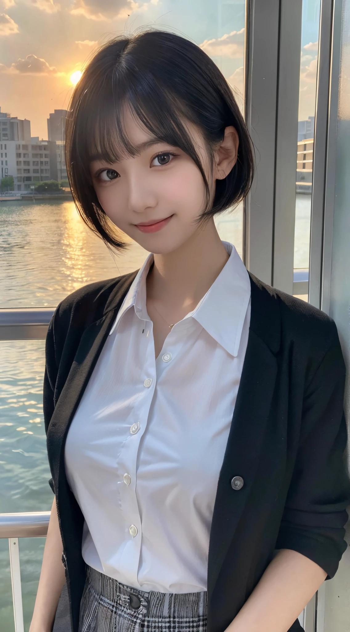 (top-quality,8K picture quality,masterpiece:1.3),(超A high resolution,Photorealsitic:1.4,Raw photography),(ultra-detailliert,Caustics,Detailed background),(Ultra-realistic capture,Beautifully detailed skin,perfect anatomia),at the sunset,Sunset sky,school buildings,Classroom,18year old,kawaii,Single eyelid,Black hair short bob,School Blazer Uniform,(open-shirt),(Shirt Unbuttoning),Looking at the camera,A smile,large boob,Bust-up shot,natural soft light
