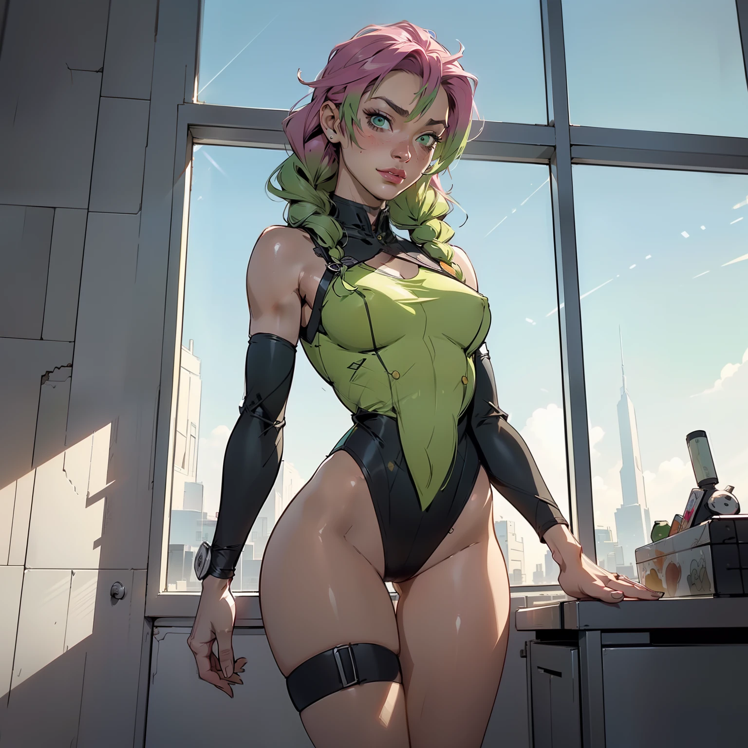 Hyper realistic super detailed sexy Mitsuri Kanroji, NSFW, Very detailed, expressions faciales sexy, seductive facial expressionace detail: 1.4): 0.4], 16K resolution, 4k resolution, dinamic lighting, High definition resolution, (sexy pose, Position attrayante), (hyper realistic: 1.4),  , (sun light: 1), (pleine hauteur: 1.8),(contrasting background: 1.5), (Anatomy of the hyperrealistic arm), (Hyperrealistic anatomy of the legs), (peau propre), (lighting cinematic: 1.7), (intime), (Technologie NVIDIA RTX Ray Tracing), (Ventre plat parfait), (image couleur),Create a 4K resolution, ultra-realistic, and extremely detailed artwork featuring a Mitsuri Kanroji in a corporate office setting with a provocative style. Mitsuri Kanroji  the central character in the artwork. She stands in front of a big glass window of a modern office offering a cityscape view.

 ((Mitsuri Kanroji (from "demon slayer"))), a girl with long green-pink gradient hair and green eyes, green hair, gradient hair, multicolored hair, long hair, braided hair, She has a commanding presence. She has a provocative yet professional silhouette,  emphasizes her figure. Her makeup  bold, with striking red lips and a gaze that demands attention.

She  dressed provocatively,  a bold fashion statement. yellow leotard, orange leotard, thigh gap, bare shoulders, a touch of glamour to her overall appearance. shy and slight smile, thigh gap