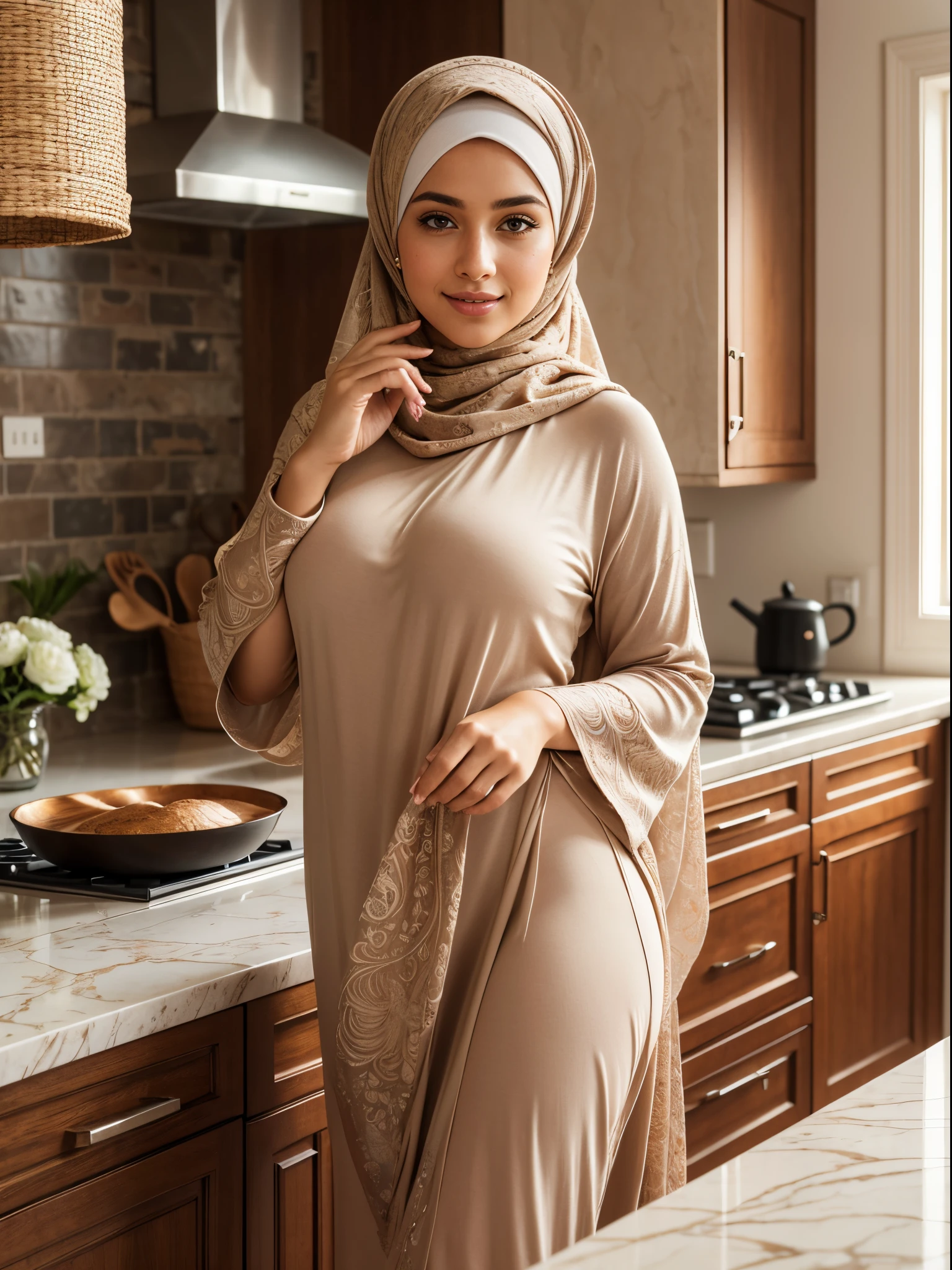 (best quality,4k,8k,highres,masterpiece:1.2),ultra-detailed,(realistic,photorealistic,photo-realistic:1.37),beautiful thicc mature iraqi milf,hijab,busty,beautiful outfit,standing in kitchen,portraits,vivid colors,warm color tones,soft lighting,delicate curves,subtle makeup,contemporary interior,spacious kitchen with marble countertops,modern appliances,abundant natural light,flowy hijab,graceful pose,confident expression,subtle smile,intense gaze,fine details,beautifully textured fabrics,hint of spices in the air,aroma of freshly brewed coffee,serene atmosphere,elegant composition,attractive charm,intricate patterns,captivating eyes,radiant complexion,fine jewelry adornments,graceful movement with flowing hijab,meticulous attention to detail.