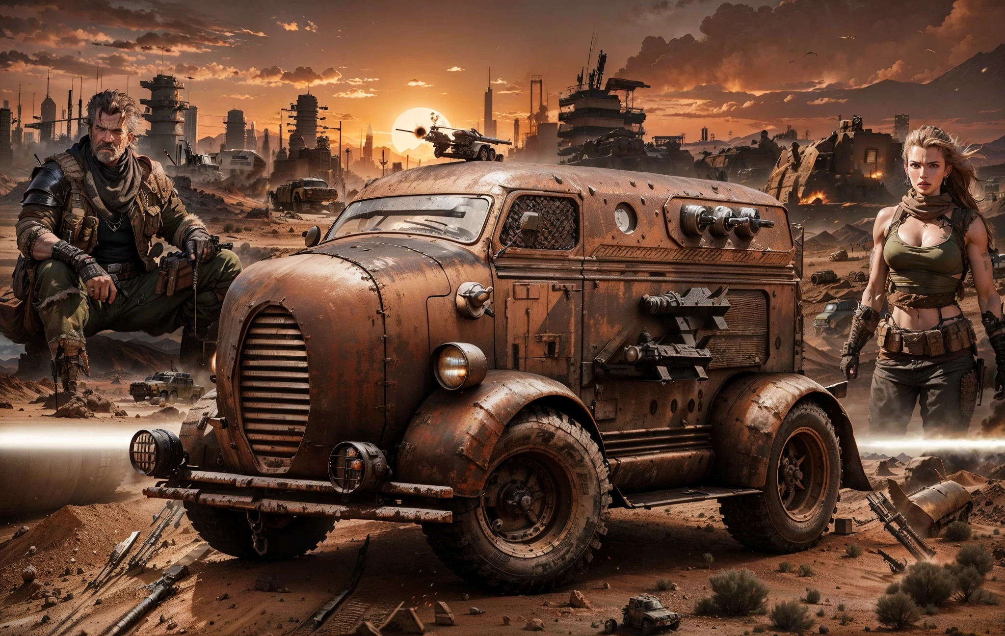 An armored Powerfull modified mini truck with machine guns and missiles in the foreground, behind an old Mel Gibson Mad Max and Angelina Jolie armored and in the background de Mad Max city with a lot of buildings lost in the desert and a Huge Sul behind the mountains farway..