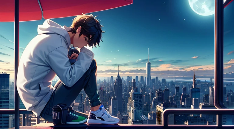 A landscape, It is in the middle of the night and the noon, the moon contrast with the ambience, there's a guy, a lofi chill guy, listening to music with his headphones brand "JBL", wearing a green hoodie, white pants and green nikes tennis shoes, looking at the landscape, he is seated in the edge of a building tower with his legs and foots touching the air, he's in a cosmopolitan, urban and a futuristic New York city. Anime style, wallpaper. The camera is taking a photo of the back side of the guy, paying more atention to the landscape.