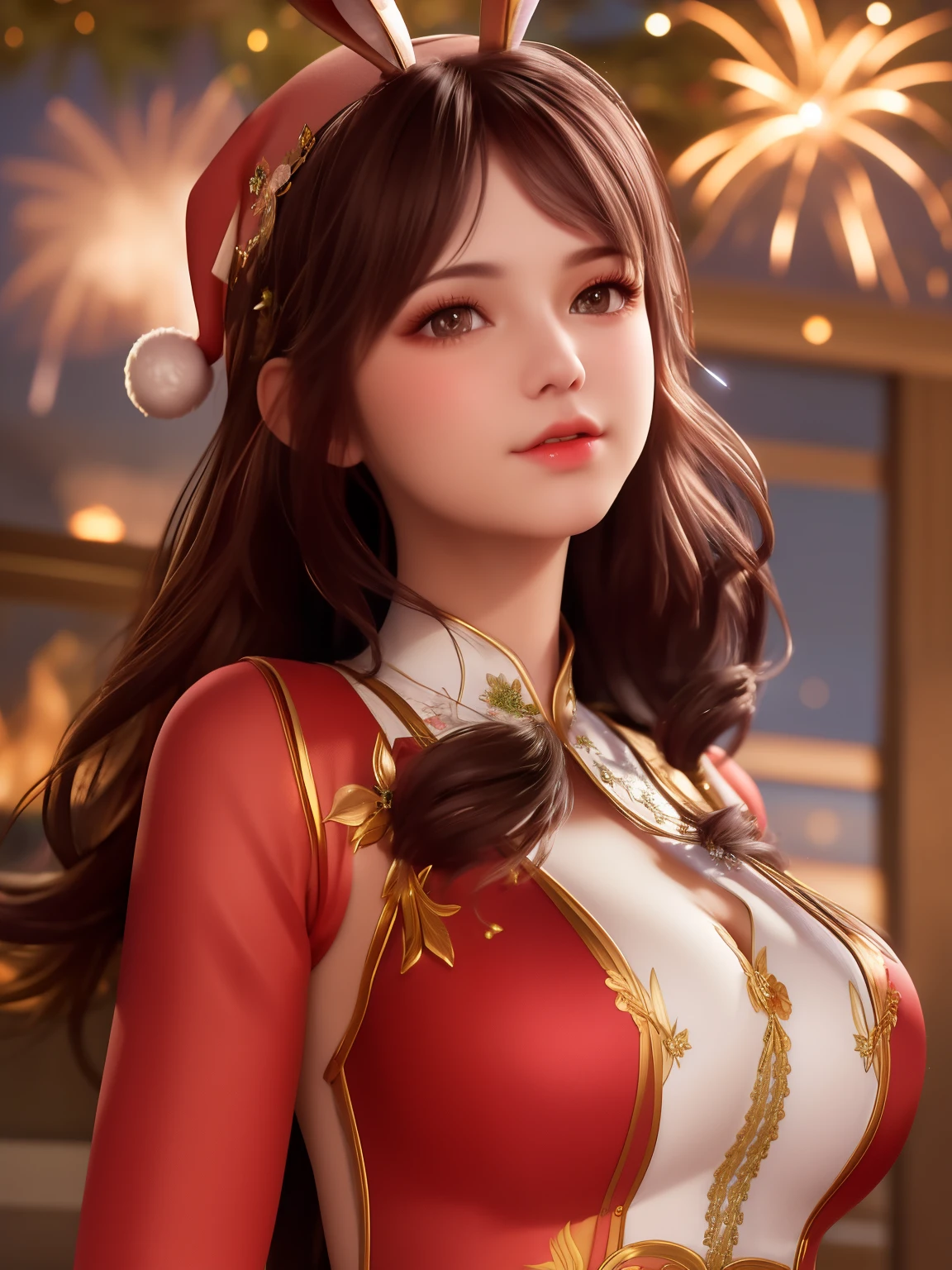 Masterpiece,  high resolution,  4k,  realistic,  1 beautiful woman,  wear santa costume,  wear red santa hat,  lively and warm,  playing with fireworks,  , fire, black hair,rabbit ears