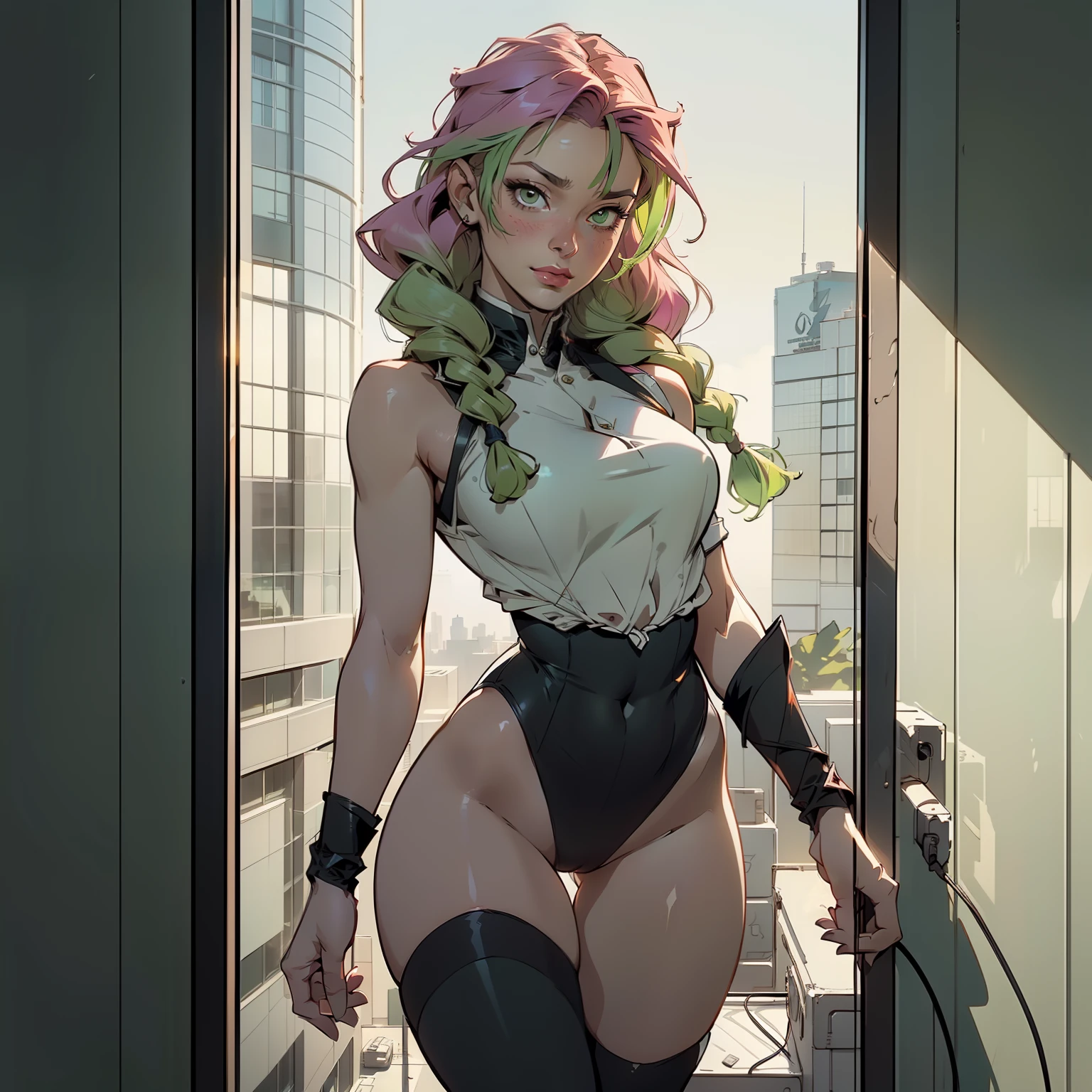 Hyper realistic super detailed sexy Mitsuri Kanroji, NSFW, Very detailed, expressions faciales sexy, seductive facial expressionace detail: 1.4): 0.4], 16K resolution, 4k resolution, dinamic lighting, High definition resolution, (sexy pose, Position attrayante), (hyper realistic: 1.4),  , (sun light: 1), (pleine hauteur: 1.8),(contrasting background: 1.5), (Anatomy of the hyperrealistic arm), (Hyperrealistic anatomy of the legs), (peau propre), (lighting cinematic: 1.7), (intime), (Technologie NVIDIA RTX Ray Tracing), (Ventre plat parfait), (image couleur),Create a 4K resolution, ultra-realistic, and extremely detailed artwork featuring a Mitsuri Kanroji in a corporate office setting with a provocative style. Mitsuri Kanroji  the central character in the artwork. She stands in front of a big glass window of a modern office offering a cityscape view.

 ((Mitsuri Kanroji (from "demon slayer"))), a girl with long green-pink gradient hair and green eyes, green hair, gradient hair, multicolored hair, long hair, braided hair, She has a commanding presence. She has a provocative yet professional silhouette,  emphasizes her figure. Her makeup  bold, with striking red lips and a gaze that demands attention.

She  dressed provocatively,  a bold fashion statement. yellow leotard, orange leotard, thigh gap, bare shoulders, a touch of glamour to her overall appearance. shy and slight smile, thigh gap