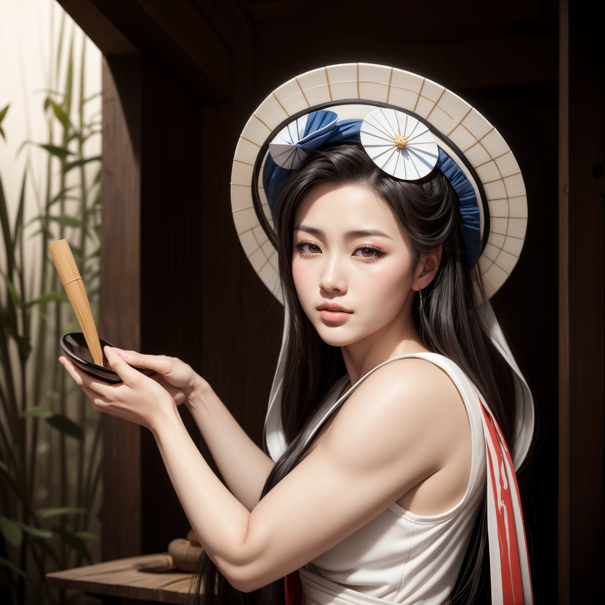 a beautiful geisha, hot, sexy, ?????, with long black hair, beautiful eyes, full lips, wearing a hat with lotus flowers on top, wearing a tank top dress, holding a bowl with a bamboo, with a beautiful forest in the background, beautiful hyperrealistic geisha, young beautiful photorealistic geisha, a geisha goddess of intricate details, beautiful realistic art of hot asian girl.