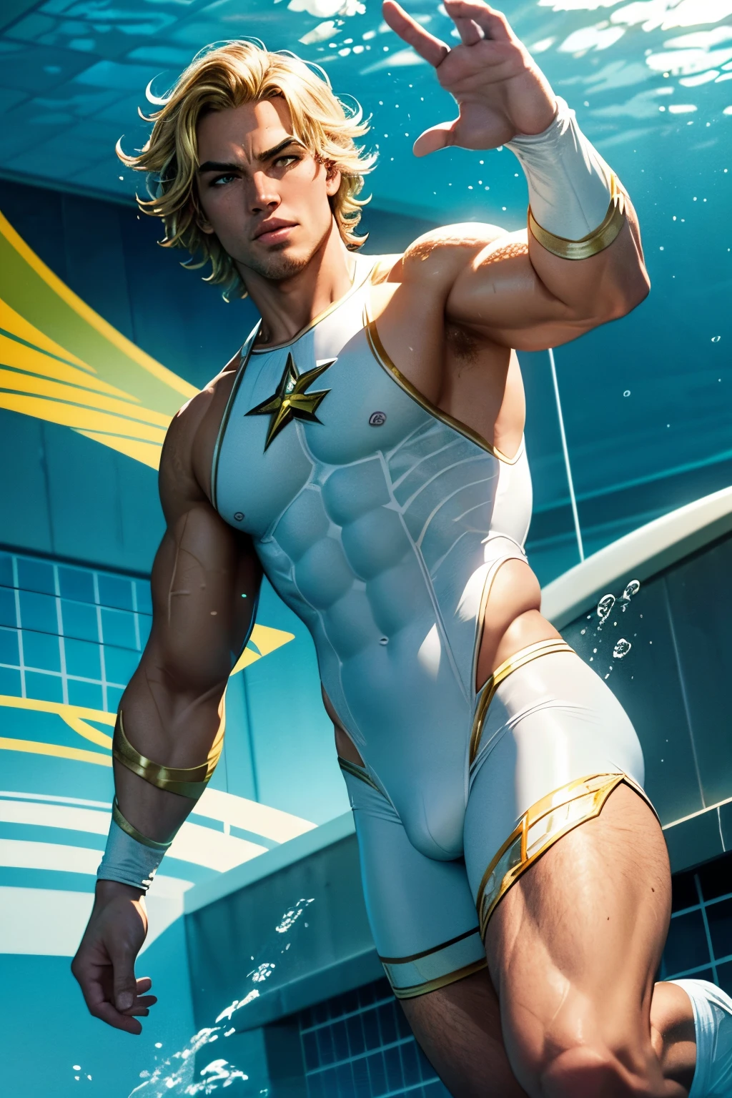 Create a male superhero with CLOSED CLOTHING, CHLORINE themed LIKE AQUAMAN who has WHITE clothes and WHITE aurea emanating from his eyes, hands and feet