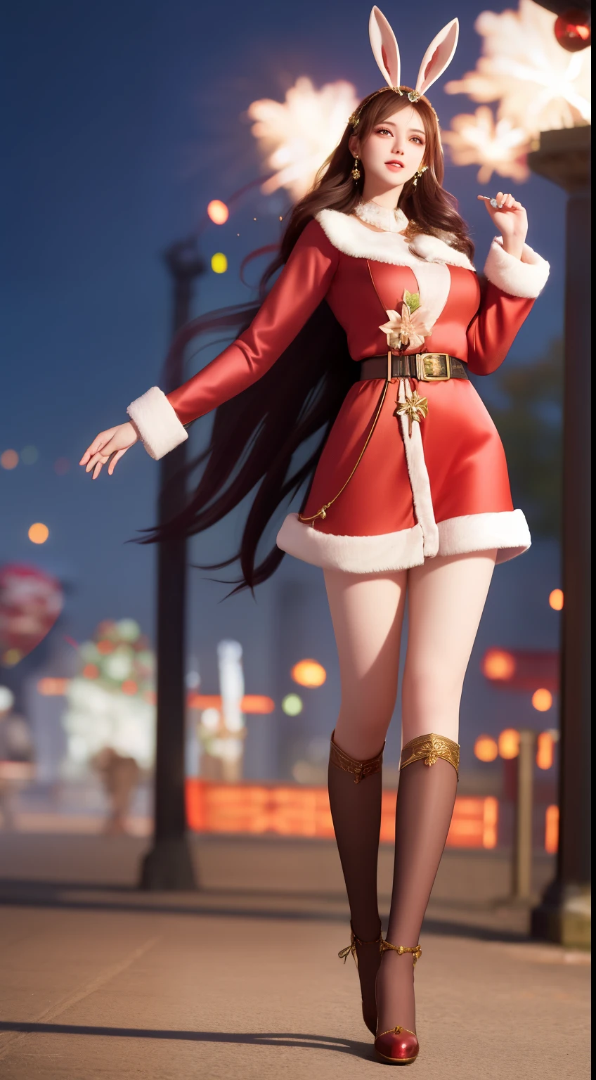Masterpiece, high resolution, 4k, realistic, 1 beautiful woman, wear santa costume, wear red santa hat, lively and warm, playing with fireworks, , fire, black hair,rabbit ears, full body