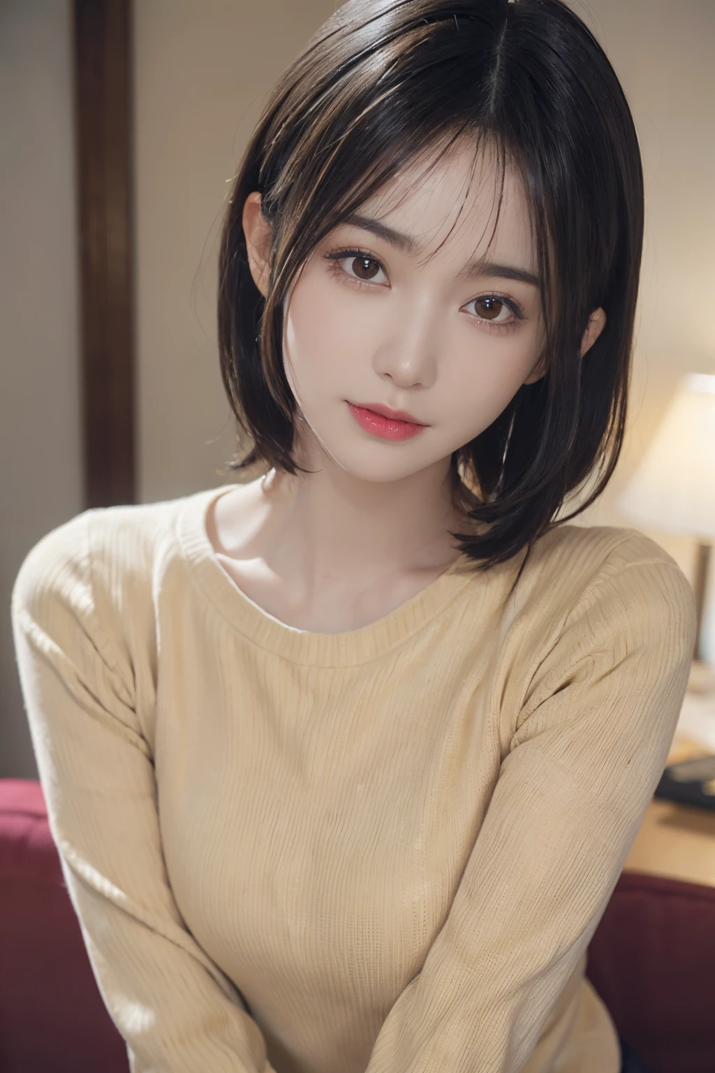 masuter piece, in 8K, Photorealsitic, Raw photography, top-quality, (1girl in), 美丽的面容, (Lifelike face), (A dark-haired), (short-hair, Beautiful hairstyle, Realistic eyes, A detailed eye, (real looking skin), Beautiful skins, (Light yellow sweater), enticing, 超A high resolution, A hyper-realistic, high-detail, the golden ratio