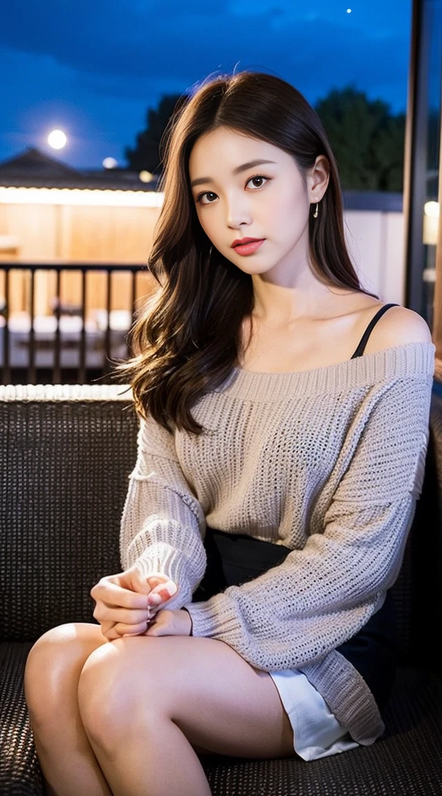 dark brown hair、Light brown eyes、The face of the Japan actress、 Lady、looks like him&#39;i&#39;i&#39;i&#39;i&#39;I&#39;m about 40 years old、(intricate-detail:1.2)、(top-quality:1.4)、 (超A high resolution:1.2)、超A high resolution、(A detailed eye)、(detailed facial features)、nffsw、8K resolution、moderately sized udder、She is wearing a warm long-sleeved loose knit、Wear a loose knit、One shoulder is slightly visible、.i&#39;i&#39;i&#39;i&#39;I&#39;m wearing a skirt that covers my knees.&#39;dong&#39;dong&#39;dong&#39;dong&#39;don&#39;t show your knees、Loose dress、length hair、i&#39;i&#39;i&#39;i&#39;I was sitting on a sofa on the terrace of a cafe., Look at the moon in the beautiful night sky.、