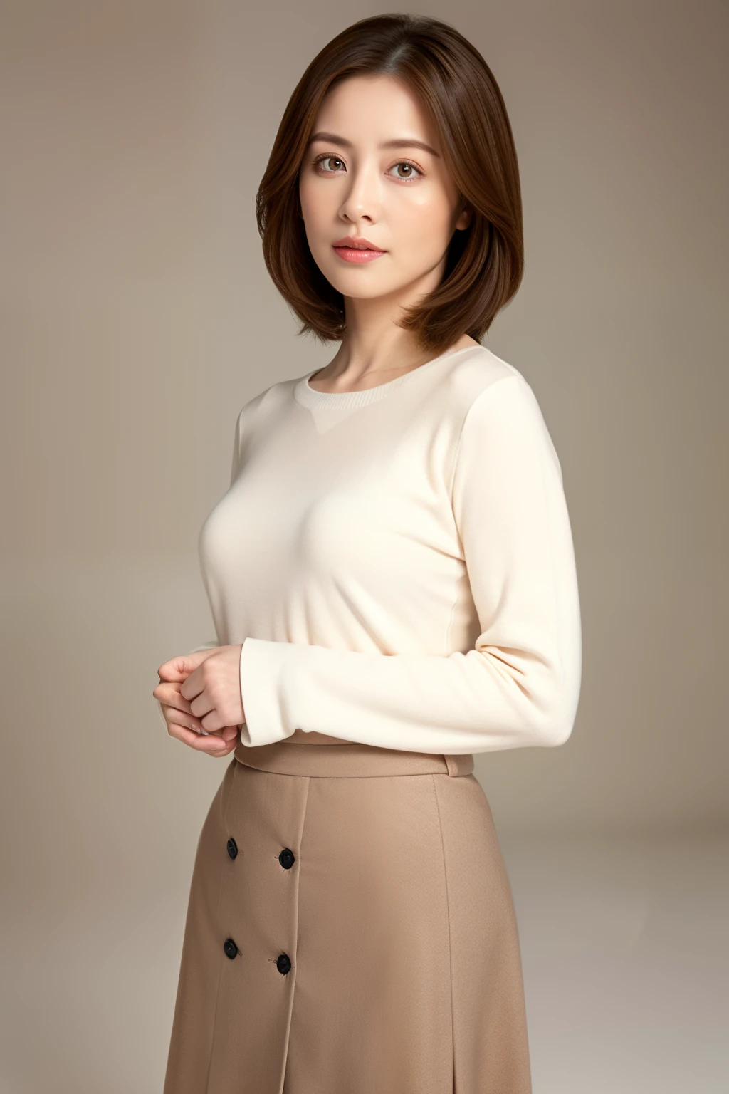 masuter piece, top-quality, masterpiece, hight resolution, Photorealsitic, Raw photography, 8k wallpaper, flawless, profetional lighting, ighly detailed, depth of fields,Pale solid color background, ((One beautiful woman)), ((30-years old)), Female sexy, Detailed face, beautidful eyes, bangss, small breasts of good shape, Light Brown Straight Hair, Faint lips, ((stand facing forward、Staring at the viewer'serious face eyes.)),Sweaters, skirt by the, foot out of frame