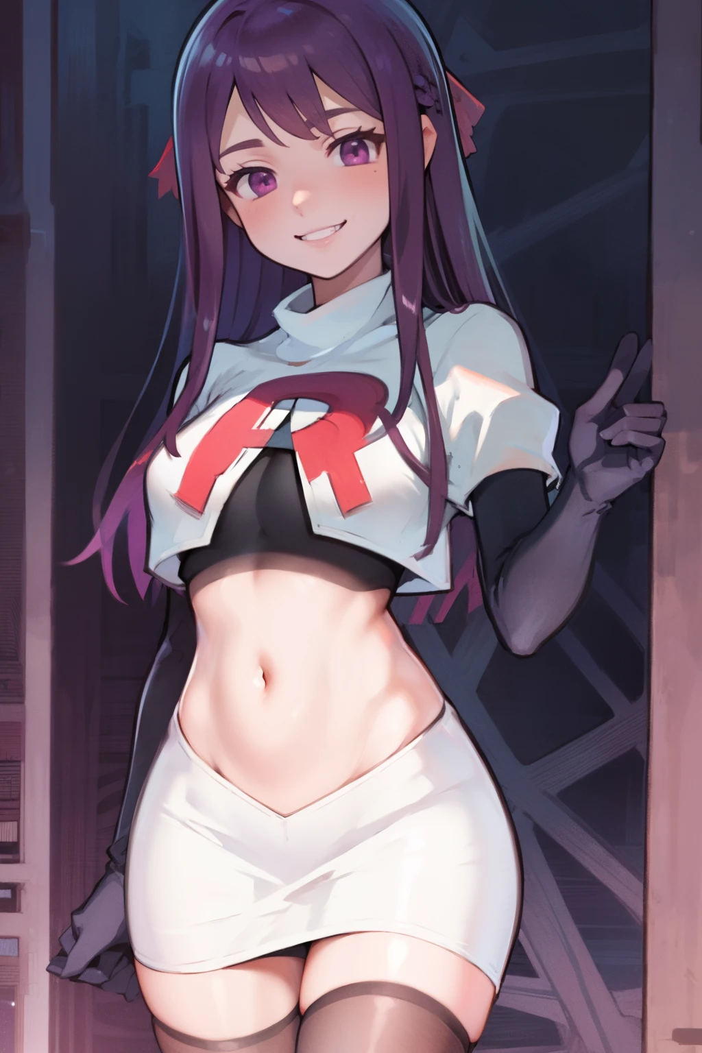 ivy fe purple eyes, purple hair, team rocket uniform, red letter R, white skirt,white crop top,black thigh-highs,black elbow gloves, smile, show teeth,