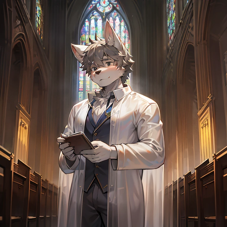 god father,Middle age,male people,Canine ears,shaggy,Gray hair,Transparent white jacket,in churches,with bible in hand,the only person,