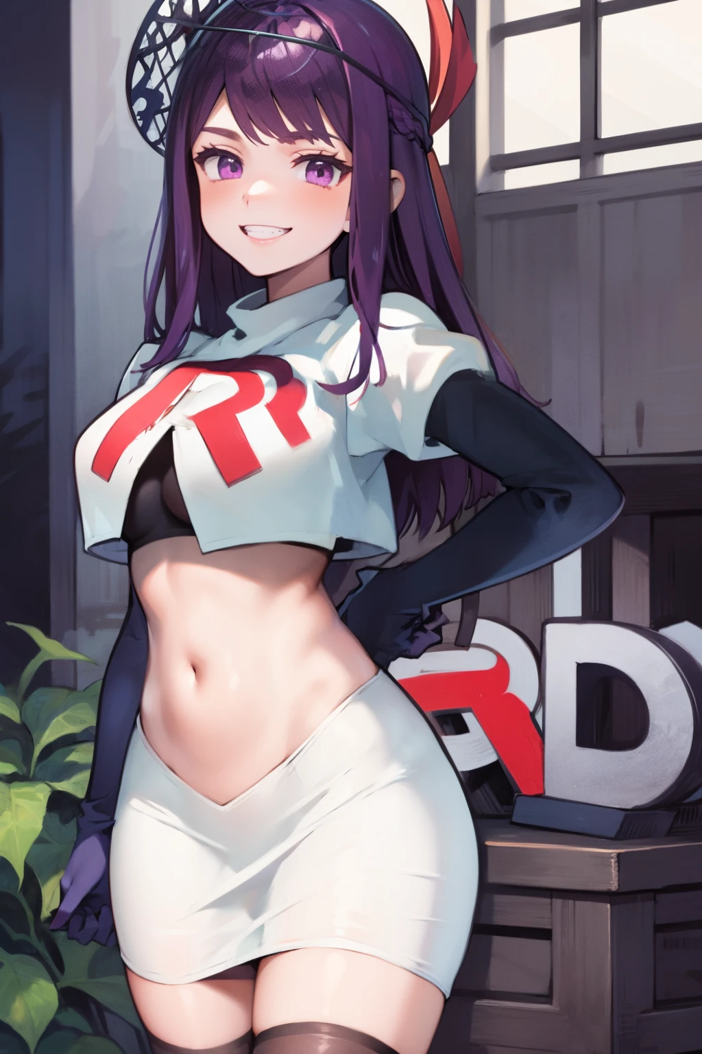 ivy fe purple eyes, purple hair, team rocket uniform, red letter R, white skirt,white crop top,black thigh-highs,black elbow gloves, smile, show teeth,