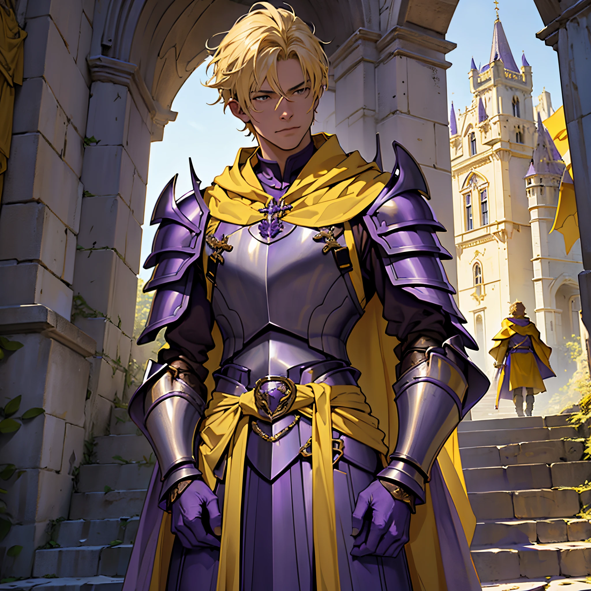 ​masterpiece, Best Quality, 4k, Very detailed, 1 person(((waist up))), Background with:In front of the stairs of a medieval castle built into a cliff, blonde man, ((((Purple armor and yellow cloak)))), Gold decoration