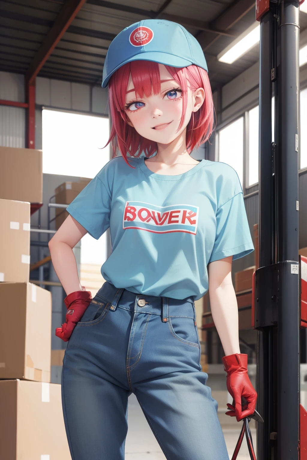 The face of the average idol of the Japan,and body shape, Smile, , Light blue short sleeve workwear, denim pant, Red gloves, Light Blue Cap, Warehouse and forklift background、moving company