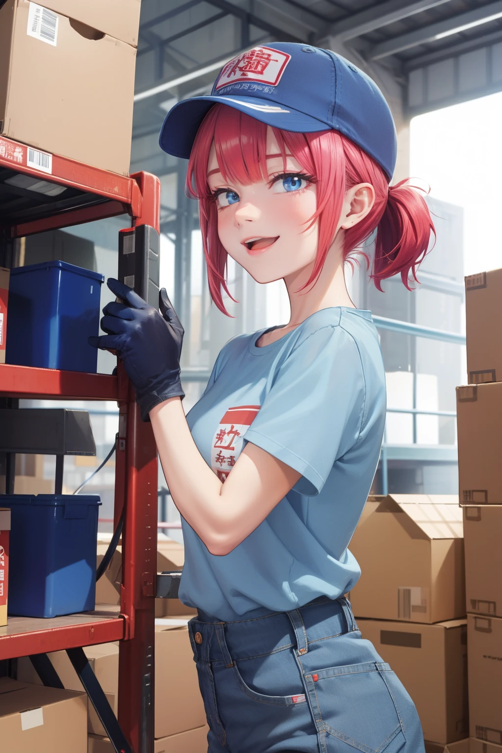 The face of the average idol of the Japan,and body shape, Smile, , Light blue short sleeve workwear, denim pant, Red gloves, Light Blue Cap, Warehouse and forklift background、moving company