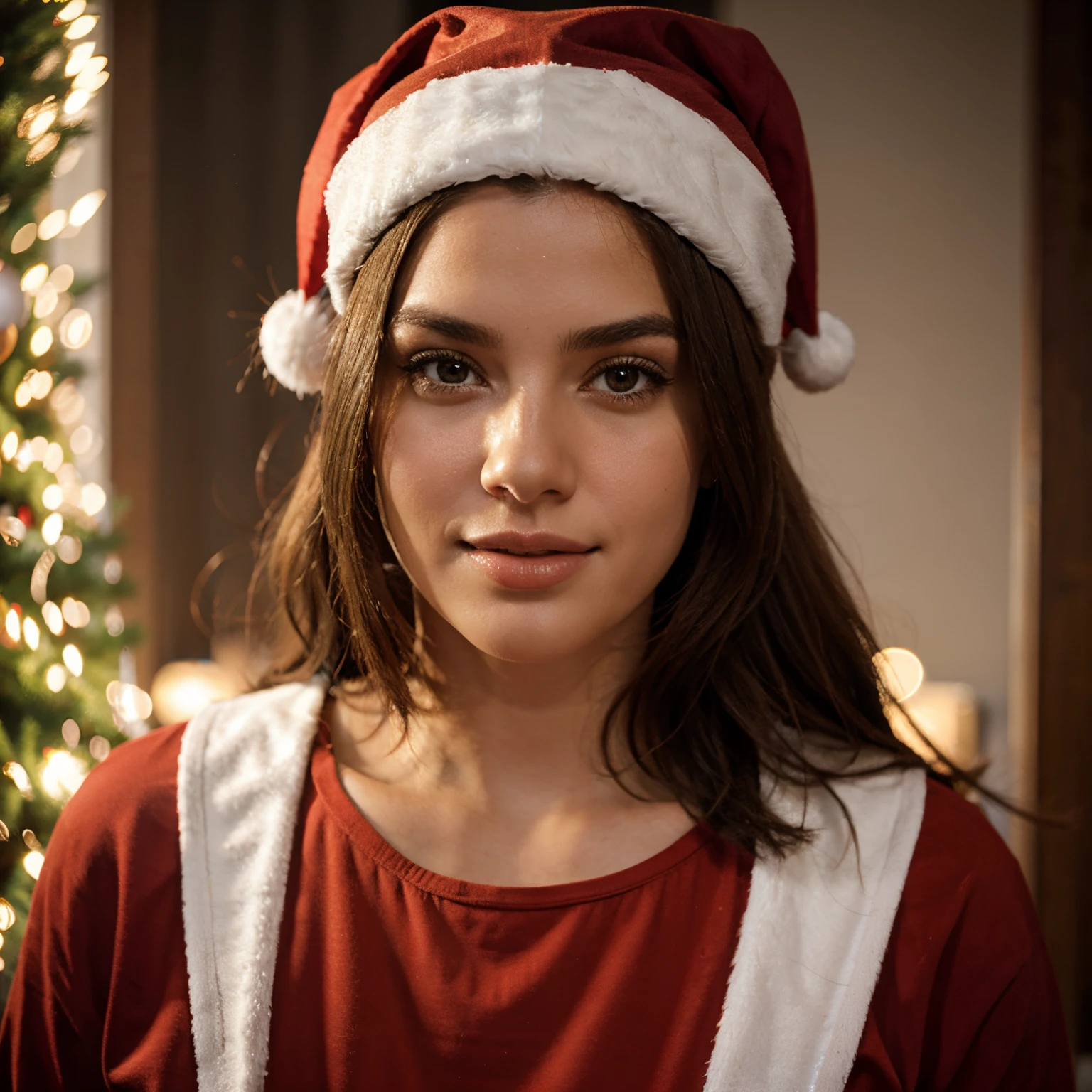 (realistic,photorealistic:1.37),extremely realistic Russian girl with black hair and dark eyes,beautiful detailed lips and eyes, detailed and ,imperfect skin,textured skin,upper body,wearing red christmas hat,beautiful detailed blonde hair, wearing a cozy red jumper and red trousers, festive holiday attire,no hands, pic from side, full body