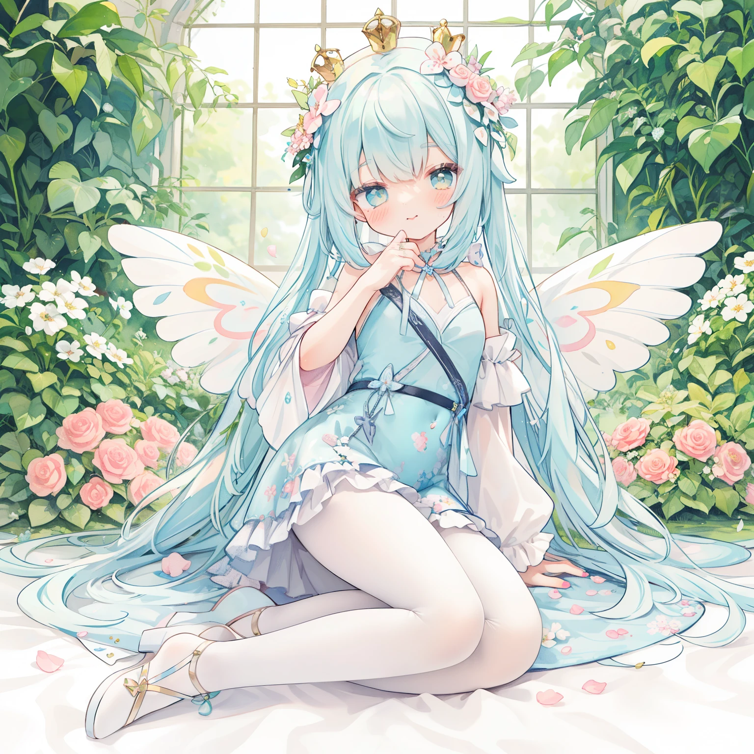 1girl in、(PastelColors:1.3)、(Cute illustration:1.3)、(watercolor paiting:1.1)、(Chibi:0.3),  Pastel harmony garden sprites,
Jumpsuit with oversized butterfly wings in pastel colors,
Playful ruffles and layers create a whimsical touch,
Narrow your waist to create a beautiful silhouette,
A wreath decorated with flowers is worn as a crown,
I tied a ribbon to my braided hair,
Lace-up sandals or ballet shoes with ribbon ties,
Moist makeup with pastel eyeshadow,
Add glitter and flower petal accents to your cheeks,
Finish with pastel colored nail polish,、 ,Thick wool gown:0.7