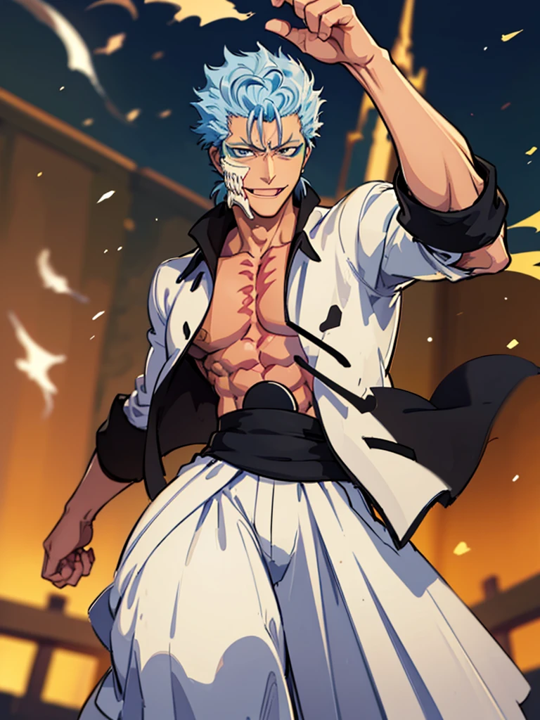 masterpiece, best quality, 1boy, grimmjow jaegerjaquez, at night, night, low light, natural light, fighting pose, white pants, white jacket, smiling with tongue out, damaged clothes, damaged skin, street, japanese street, low light, light rays, aura power, floating particles, doing a power, holding a katana, zanpakutou, angry eyes, angry face, smiling, looking ahead, male focus, strong muscles, movie composition, deth of field, bokeh