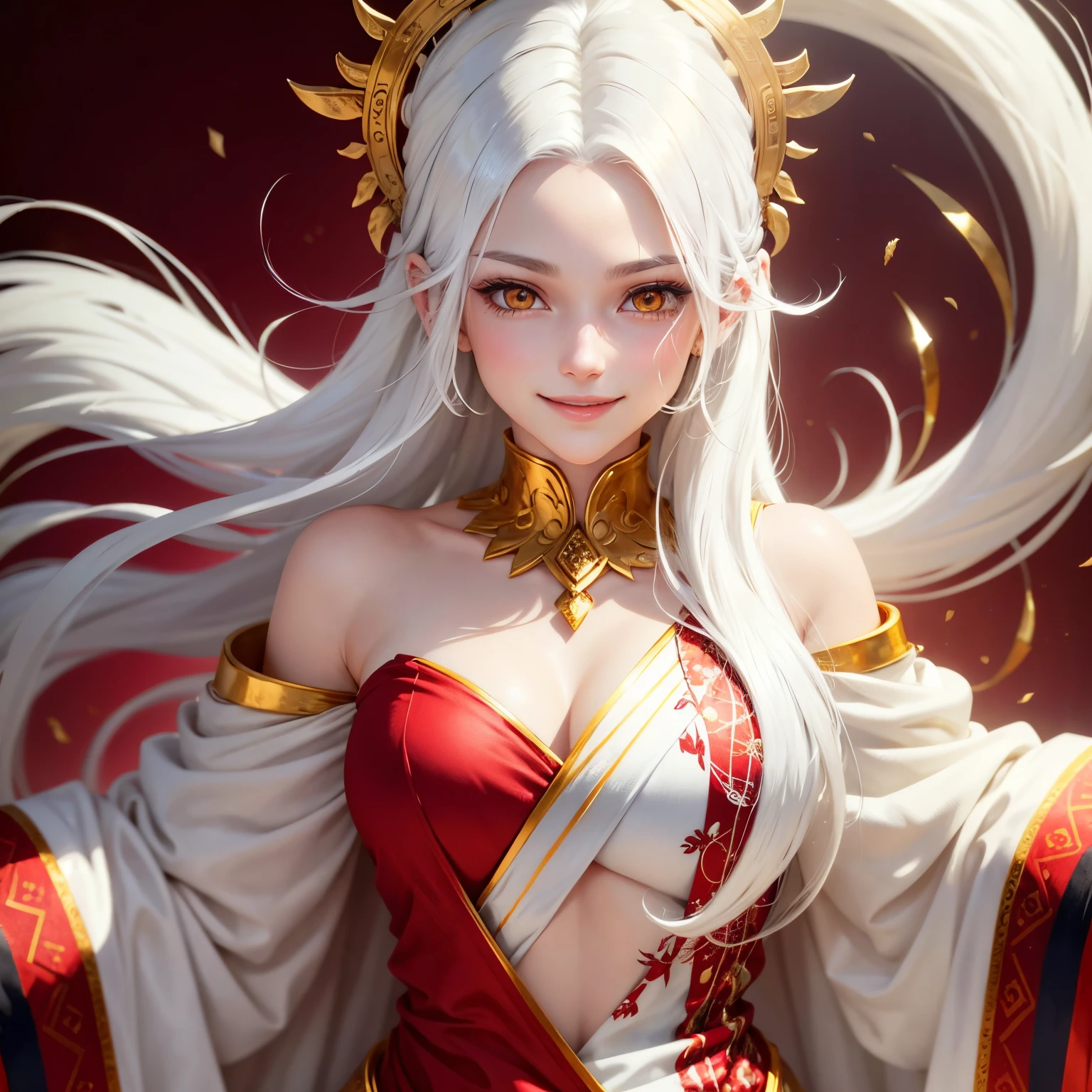 best quality, white hair, gold eyes, red clothes, upper body, hair strand, Fair skin, smiling