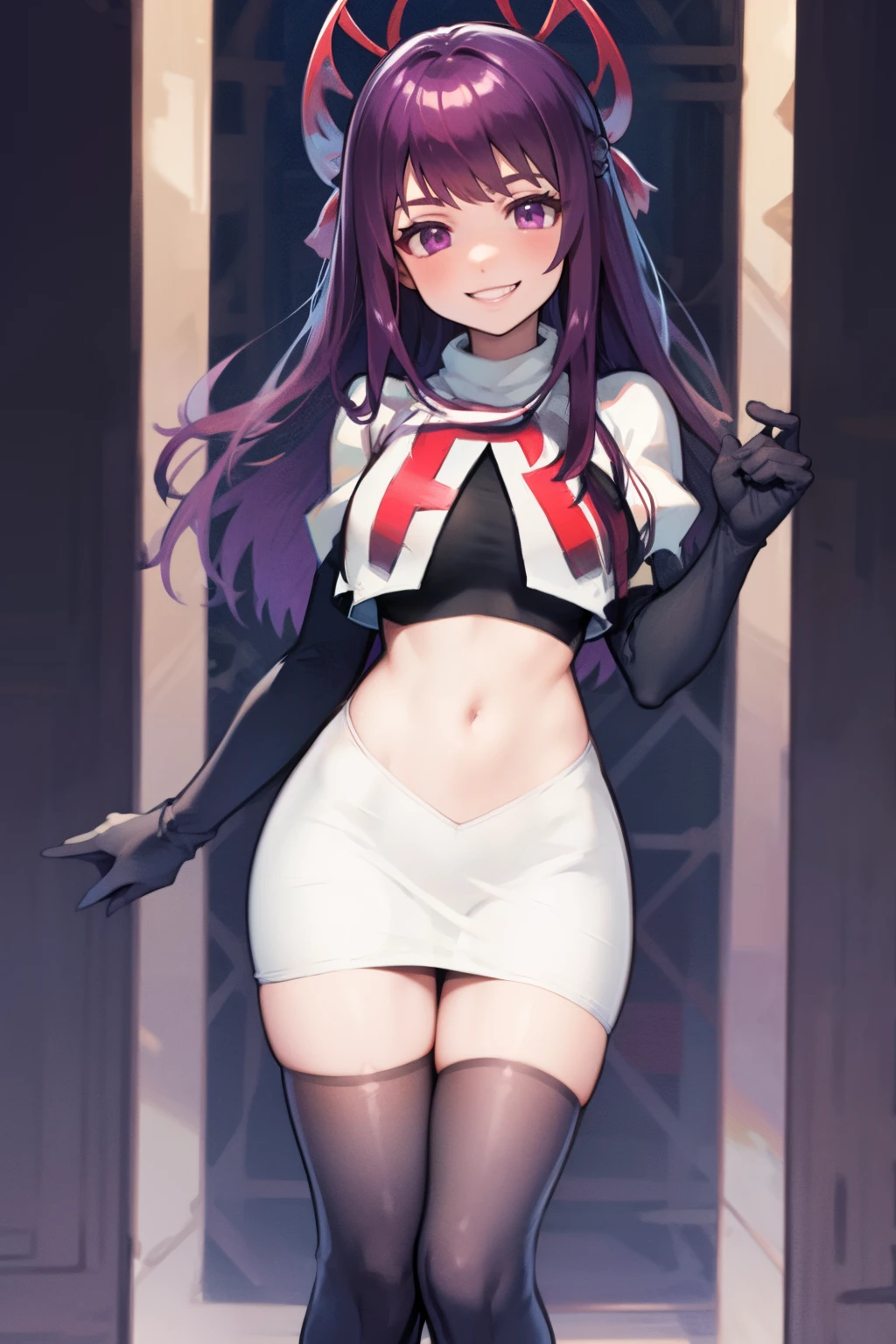 ivy fe purple eyes, purple hair, team rocket uniform, red letter R, white skirt,white crop top,black thigh-highs,black elbow gloves, smile, show teeth,