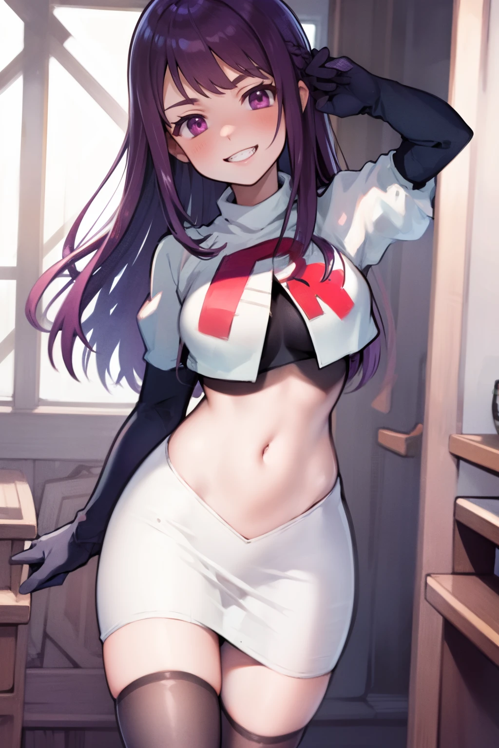 ivy fe purple eyes, purple hair, team rocket uniform, red letter R, white skirt,white crop top,black thigh-highs,black elbow gloves, smile, show teeth,