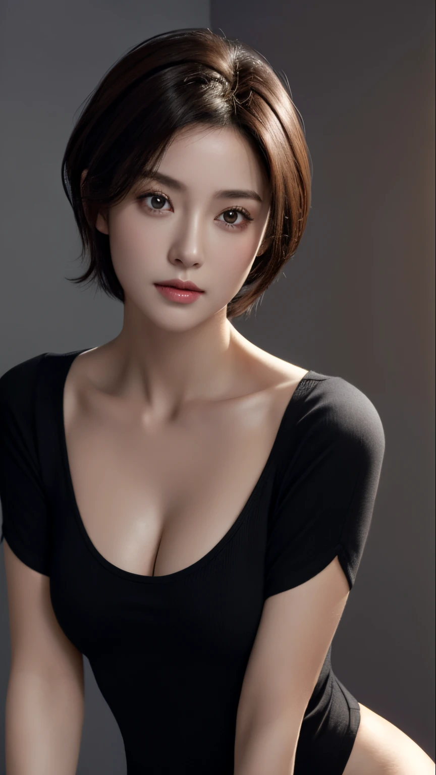 Skin Tight Black Top:1.2, Looking at Viewer, Cinematic lighting, Perfect, softlight, High resolution skin:1.2, Realistic skin texture, 30 years old mature woman、Small face、no-makeup、, off shoulders,Bust B Cup、 Exposed cleavage, Red Eyes, Short hair, dark brown hair,Gray background、