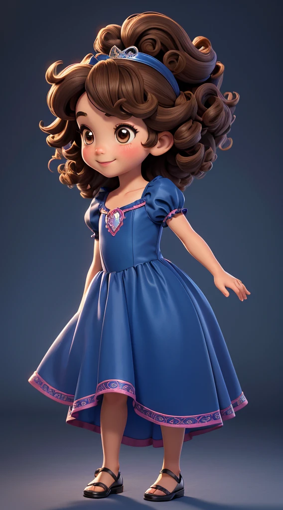 Various full body image profile pose. small child, five-year-old girl, curly brown hair, brown eyes, charming smile, wearing a dark blue dress, fairytale princess style.