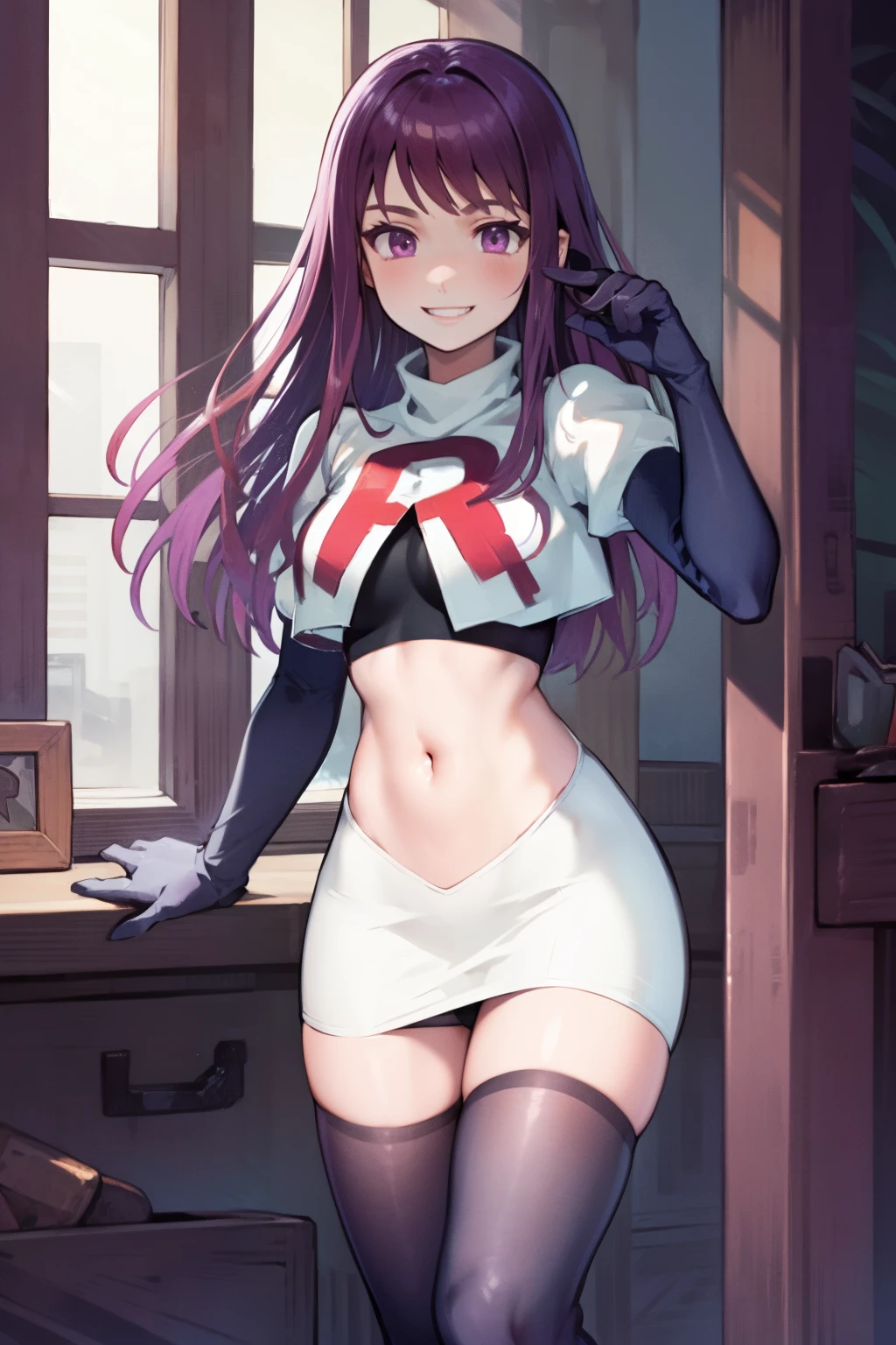 ivy fe purple eyes, purple hair, team rocket uniform, red letter R, white skirt,white crop top,black thigh-highs,black elbow gloves, smile, show teeth,