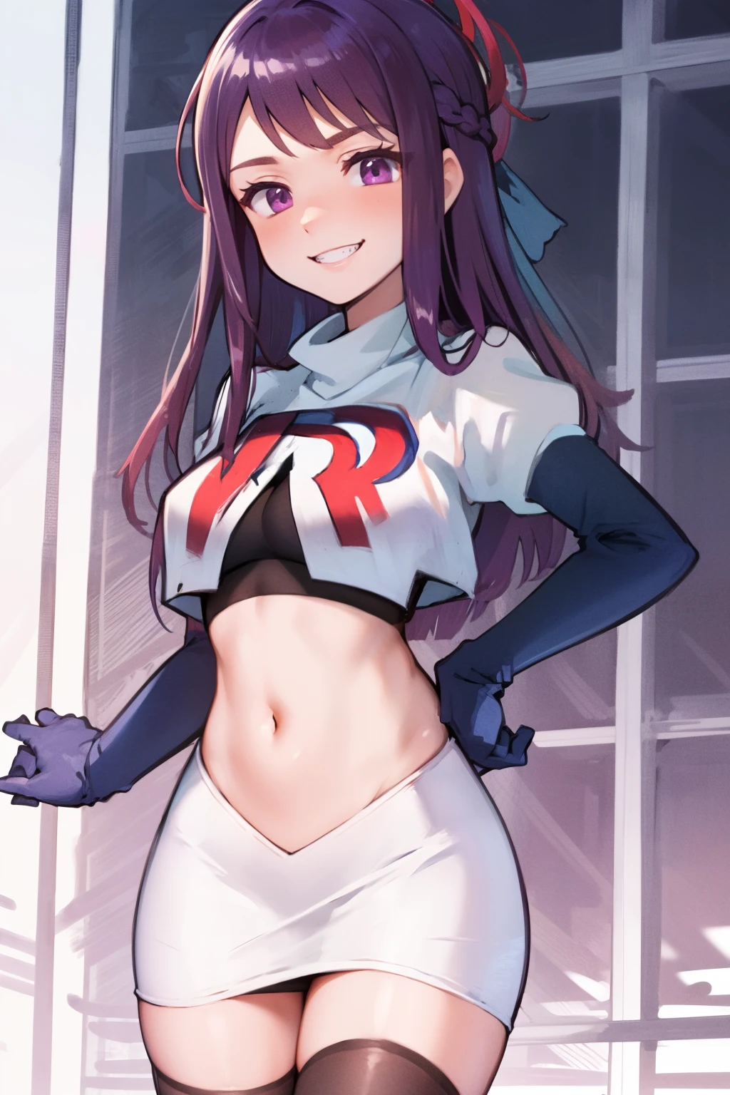 ivy fe purple eyes, purple hair, team rocket uniform, red letter R, white skirt,white crop top,black thigh-highs,black elbow gloves, smile, show teeth,