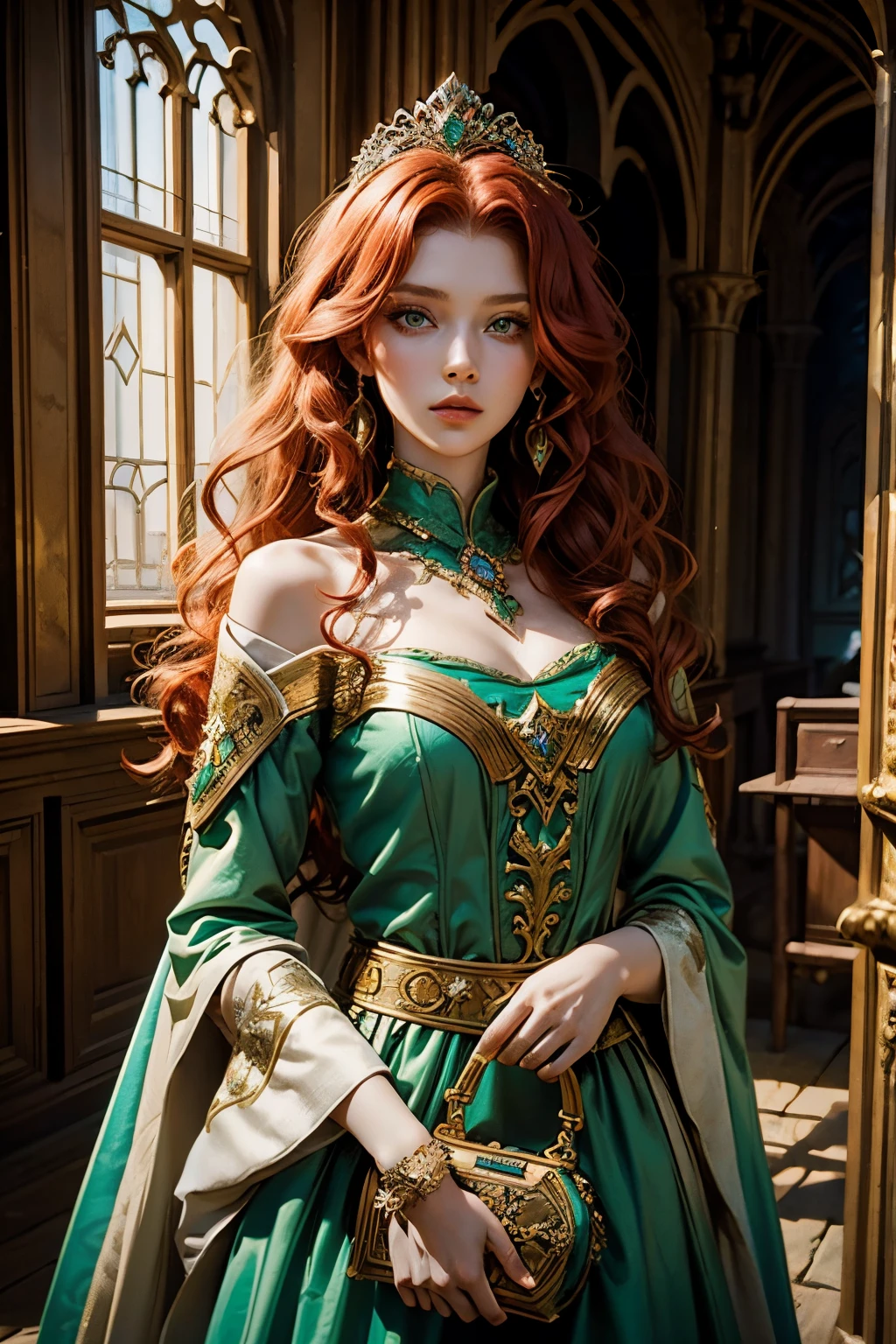 Marta Gromova (Ukrainian Model), curly red hair, beautiful green eyes, princess medieval dress, neutral face, in a medieval room (High quality)