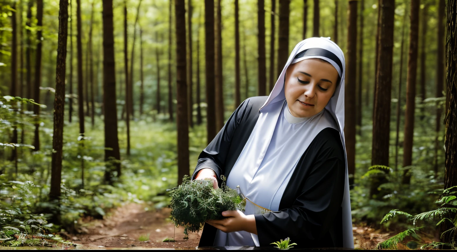 bbw nun picking herbs in a forest