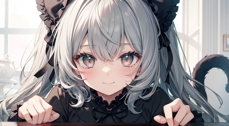 A black cat with cute round eyes, Grandma presents a green ribbon, Gray hair, Facing, Smiling