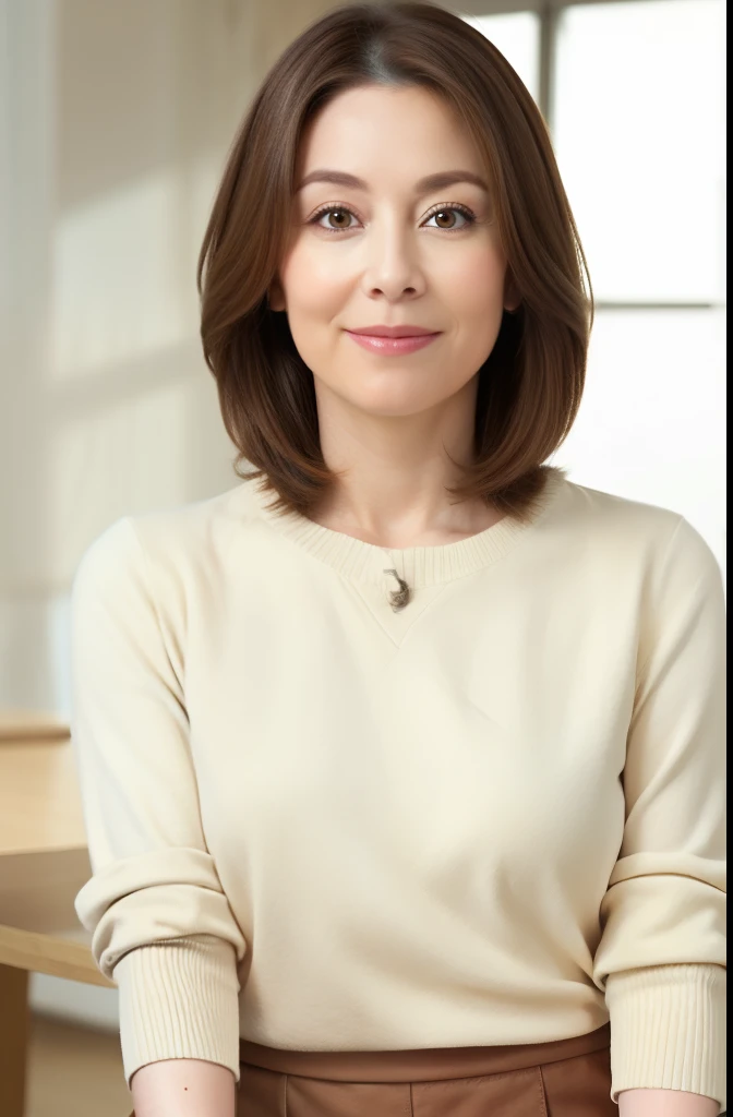 masuter piece, top-quality, ​masterpiece, hight resolution, Photorealsitic, Raw photography, 8k wallpaper, flawless, profetional lighting, ighly detailed, depth of fields,Pale solid color background, ((One beautiful woman)), ((40 years)), Female sexy, Detailed face, beautidful eyes, bangss, small breasts of good shape, Light Brown Straight Hair, Faint lips, ((Stand forward、Staring at the viewer&#39;serious face eyes.)),Sweaters, skirt by the, foot out of frame