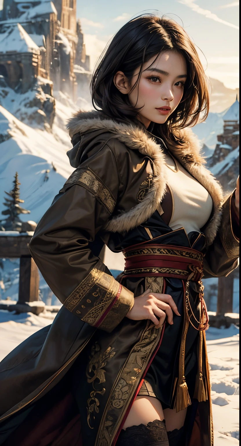 1 woman, Oriental woman, 23 years old, short brown hair, olive skin, smaller head, brown eyes, toned body, medium breasts, long coat with fur and hoods, full traditional costume , masterpiece, ultra HD, realistic masterpiece, blurred background, snowy mountain, dynamic poses, perfect hands, perfect face, perfect details, sharp focus