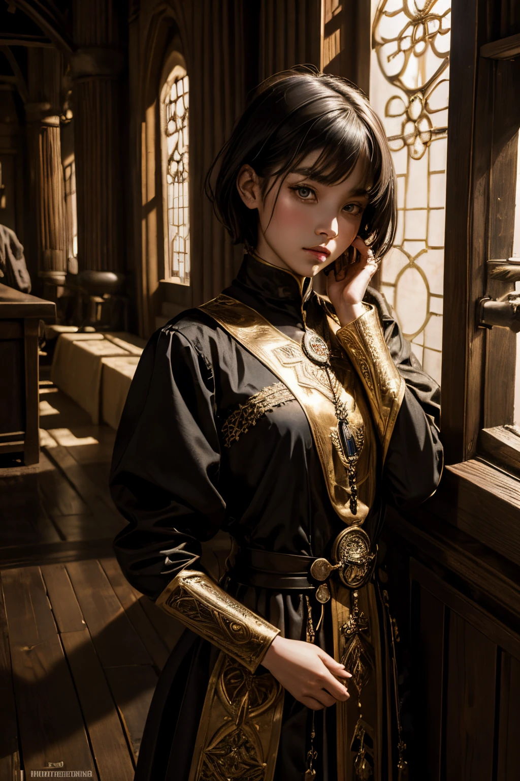 Marta Gromova (Ukrainian Model), Asian features, short hair black, beautiful brown eyes, medieval dress, shy pose, shy face, in a medieval castle room