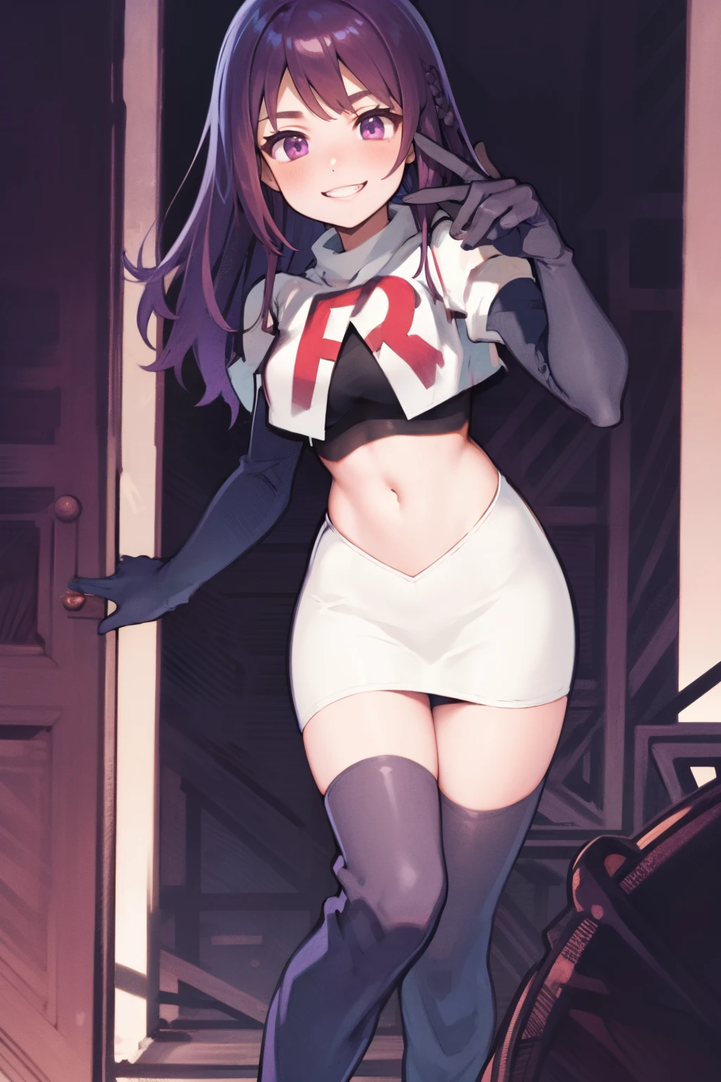 ivy fe purple eyes, purple hair, team rocket uniform, red letter R, white skirt,white crop top,black thigh-high boots,black elbow gloves, smile, show teeth,