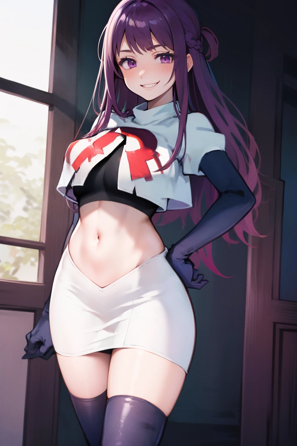 ivy fe purple eyes, purple hair, team rocket uniform, red letter R, white skirt,white crop top,black thigh-high boots,black elbow gloves, smile, show teeth,