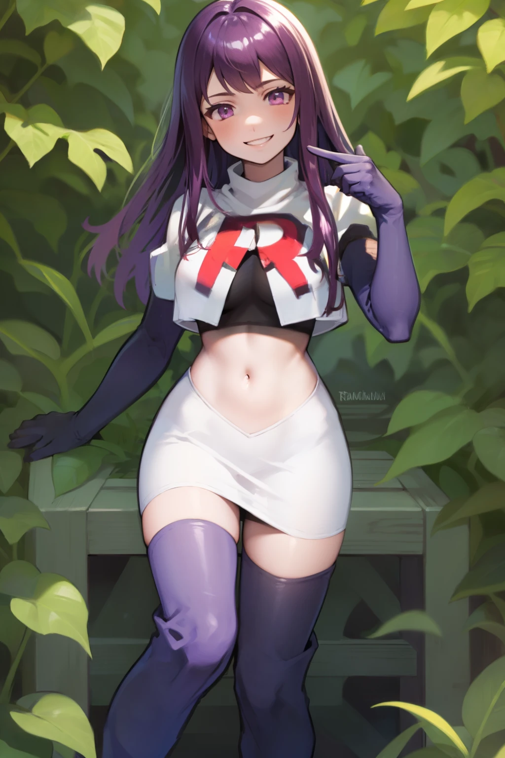 ivy fe purple eyes, purple hair, team rocket uniform, red letter R, white skirt,white crop top,black thigh-high boots,black elbow gloves, smile, show teeth,